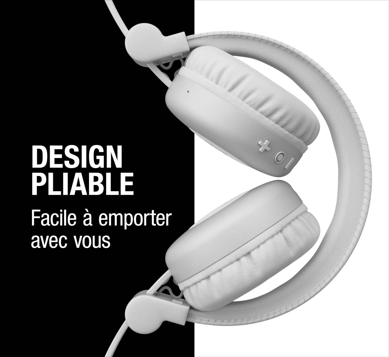 Un casque blanc pliable avec des commandes, sur fond noir et blanc.