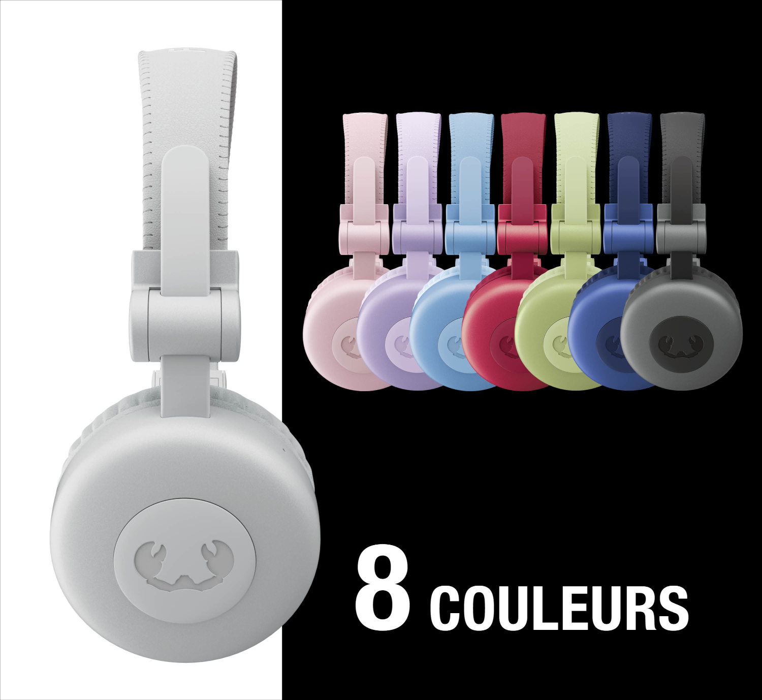 Une rangée de huit casques colorés sur fond noir.