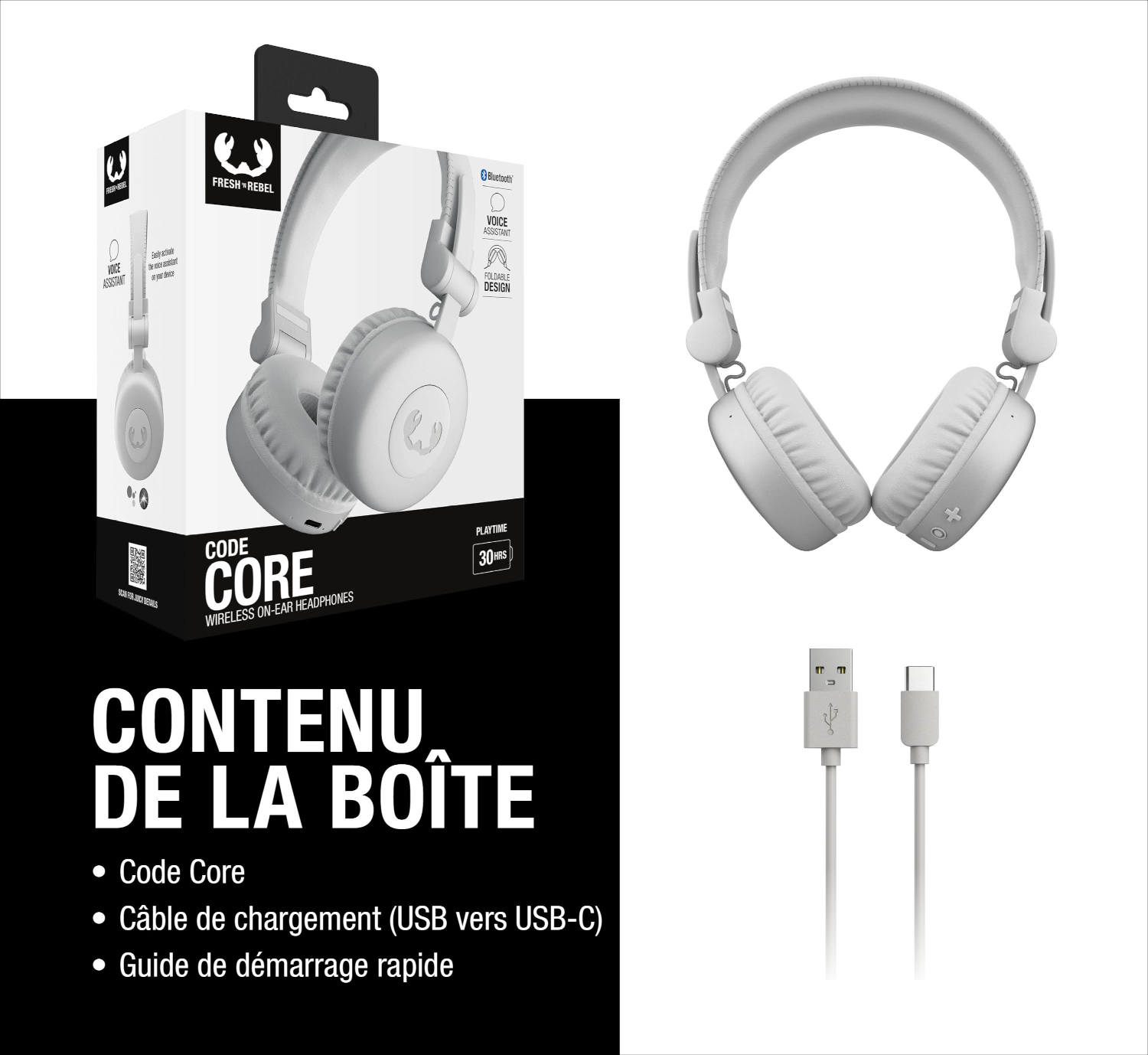 Casque blanc avec câble de chargement et câble USB-C sur fond blanc.