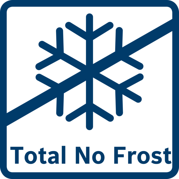 Total No Frost sembolü: beyaz arka plan üzerinde mavi kar tanesi, çapraz çizgi.