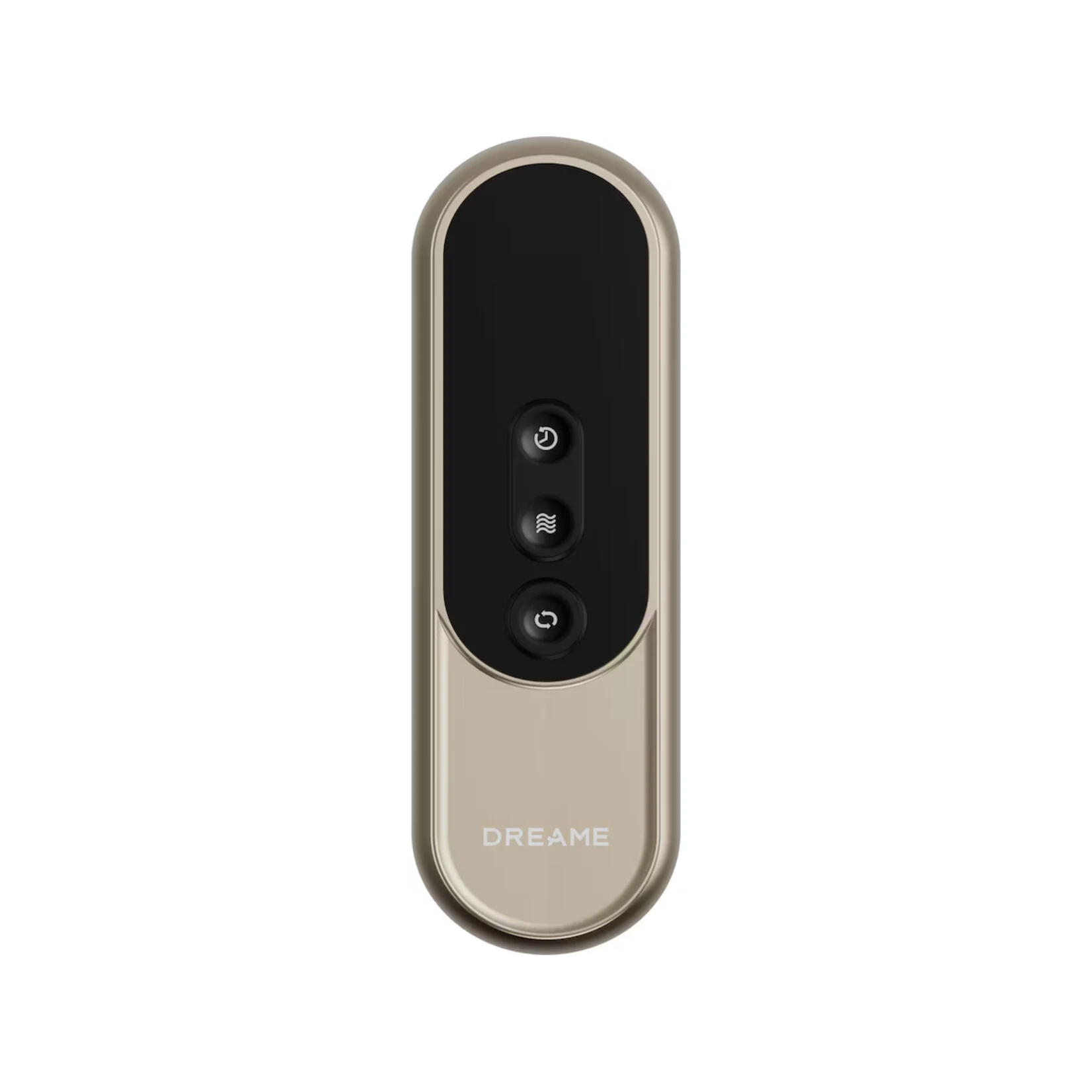 Un elegante dispositivo de control remoto color dorado con pantalla negra y tres botones.