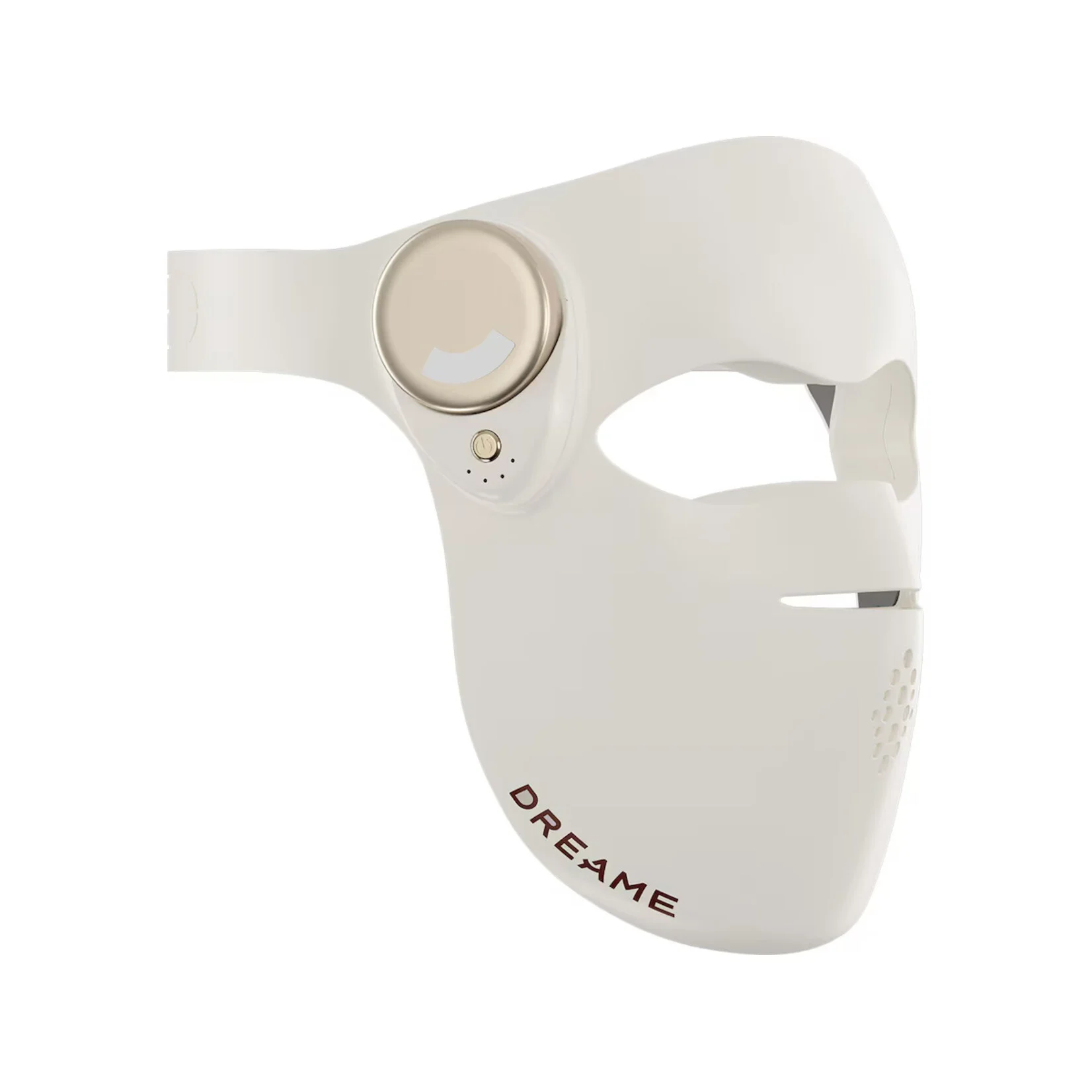 Una mascarilla blanca con dial dorado y orificios de ventilación.