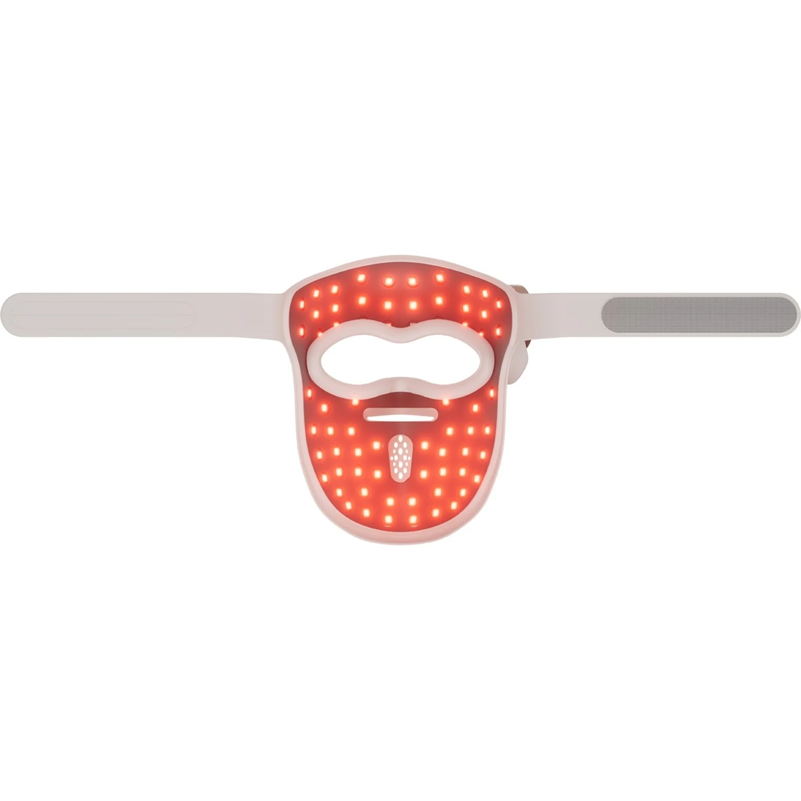 Una mascarilla facial blanca con luces LED rojas y correas blancas.