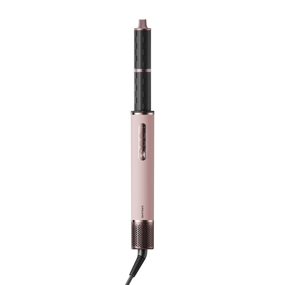 Un secador de pelo rosa con accesorio negro y botones de control.