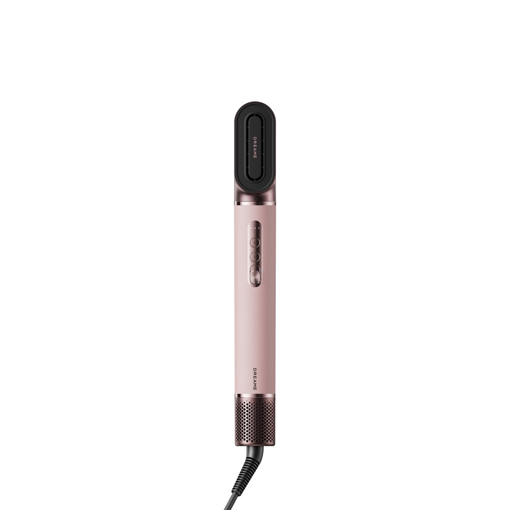 Un rizador rosa con accesorio de peine negro y detalles plateados. Fondo blanco.