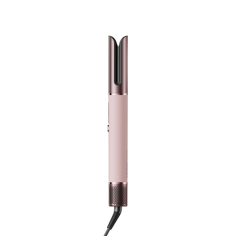 Un secador de pelo rosa con cabezal metálico y cable.