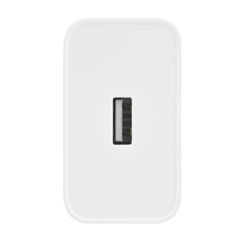 Un enchufe de cargador USB blanco con un puerto USB negro.