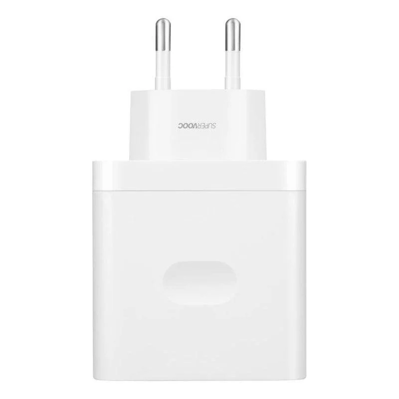 Un enchufe de carga SuperVOOC blanco con dos clavijas metálicas.