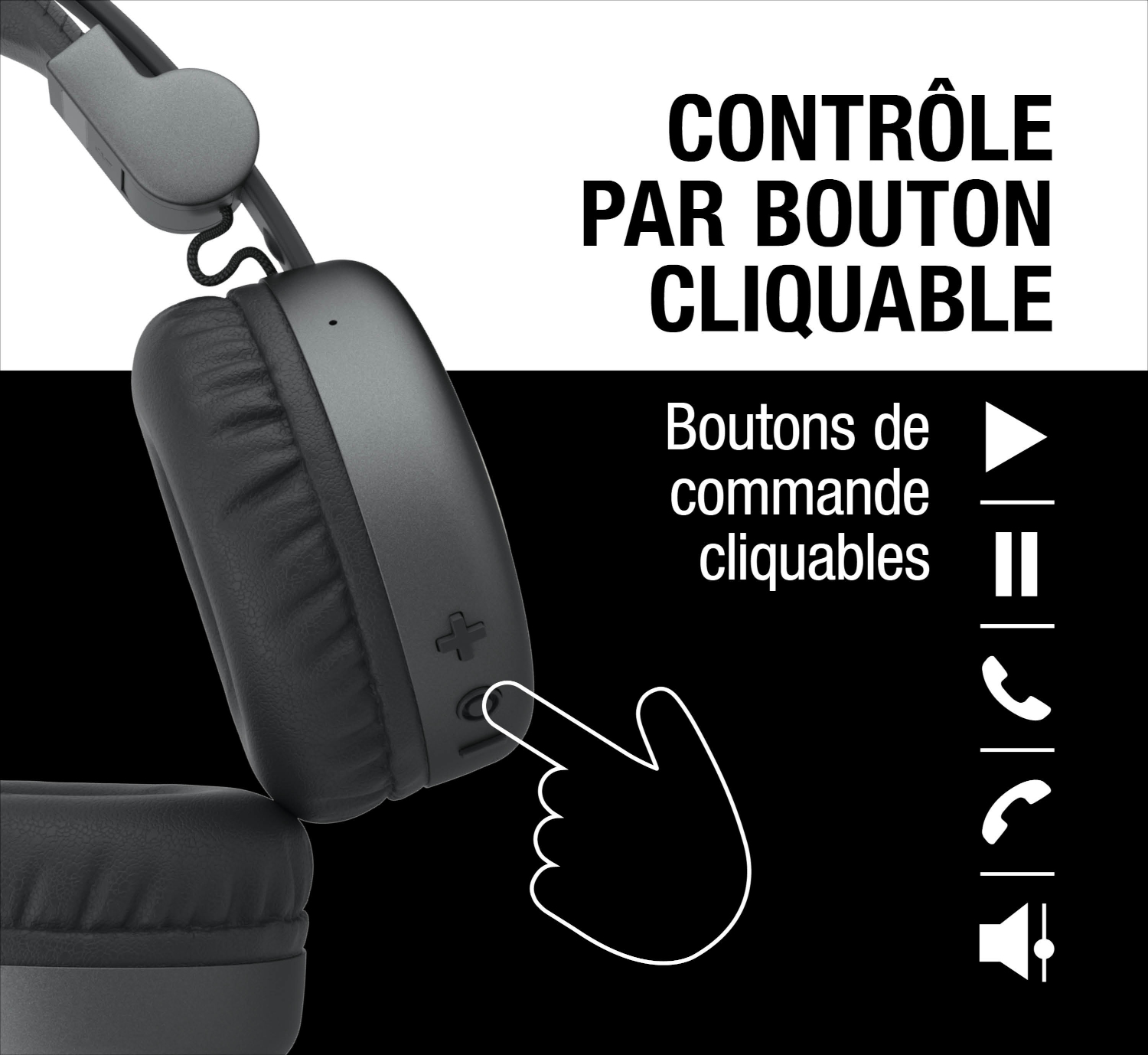 Casque gris avec une main appuyant sur un bouton. Icônes lecture/pause.