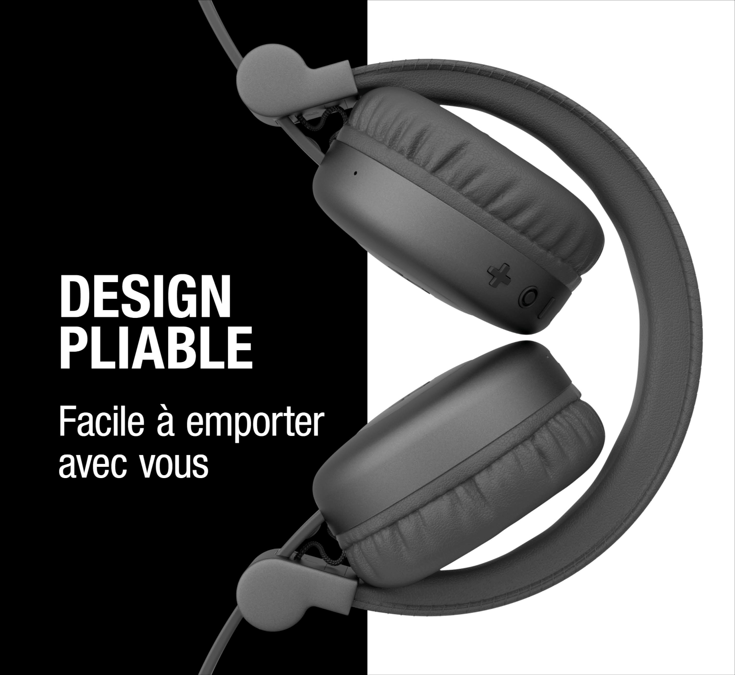 Casque pliable gris avec boutons de volume sur fond noir et blanc.
