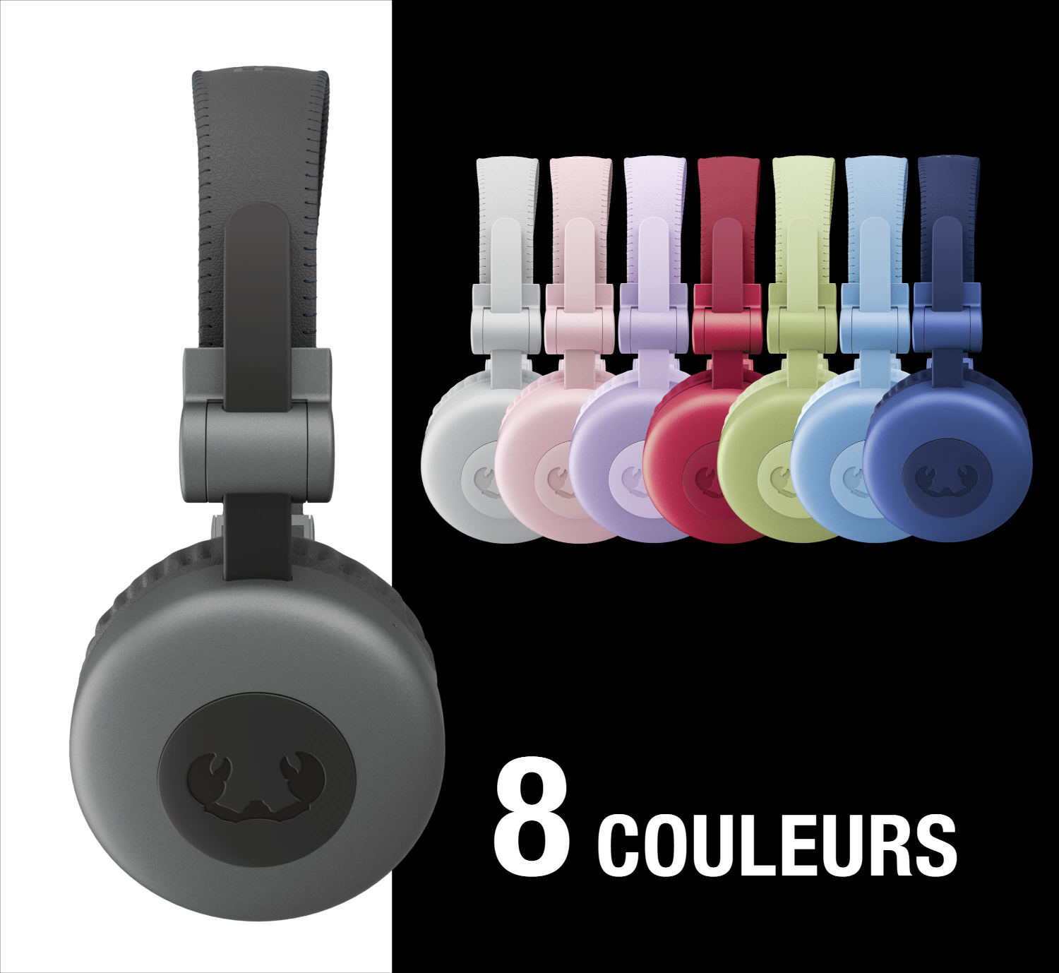 Casque gris à gauche, 7 casques colorés à côté. En bas 8 COULEURS.