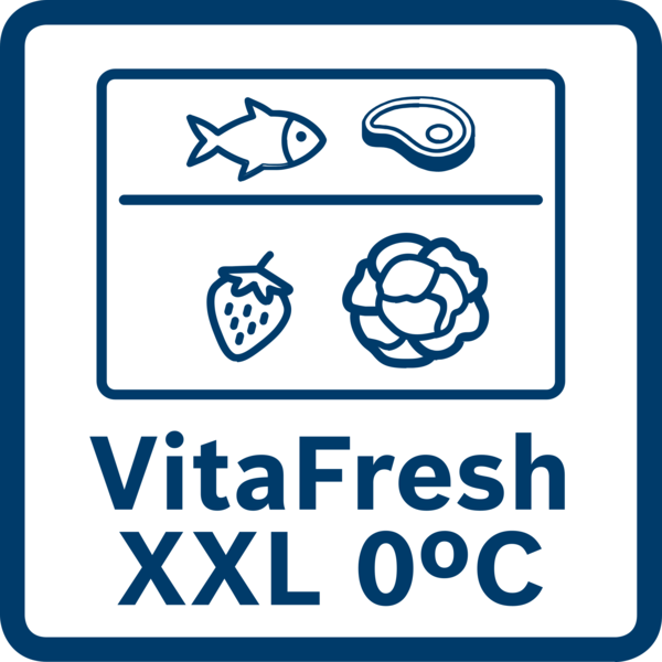 VitaFresh XXL 0°C Logosu: Balık, biftek, çilek, lahana.