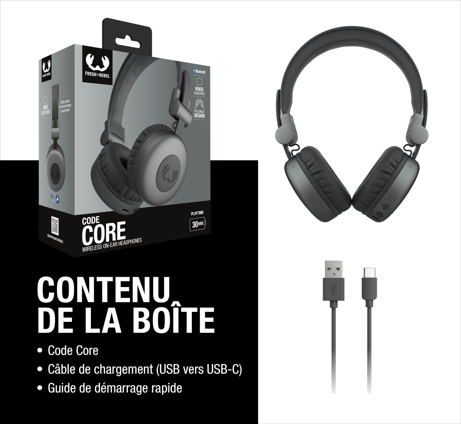 Casque gris Fresh+Rebel avec kit de câble de chargement et contenu de boîte.