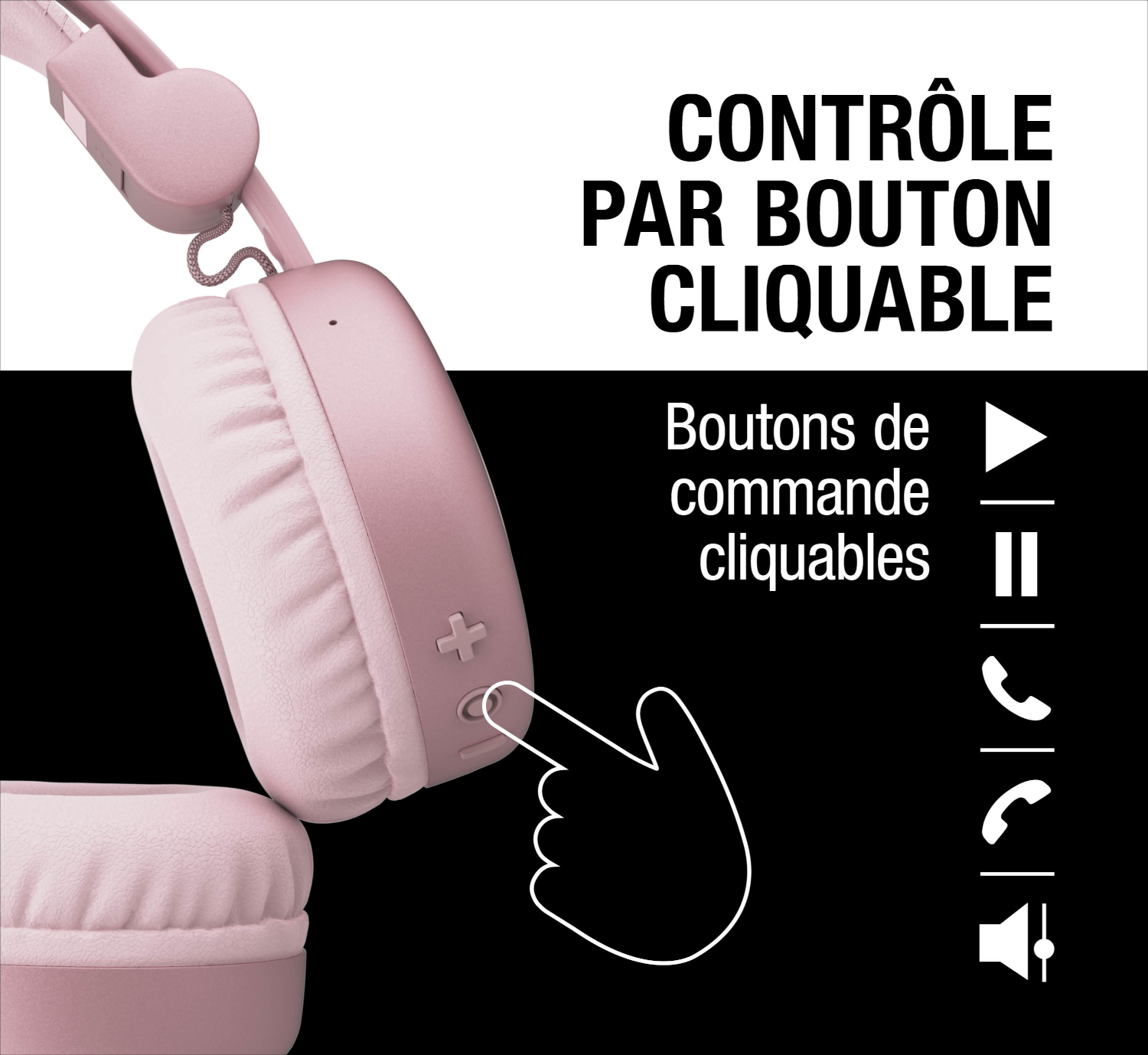 Casque rose avec boutons pour les icônes lecture, pause, appel et volume.