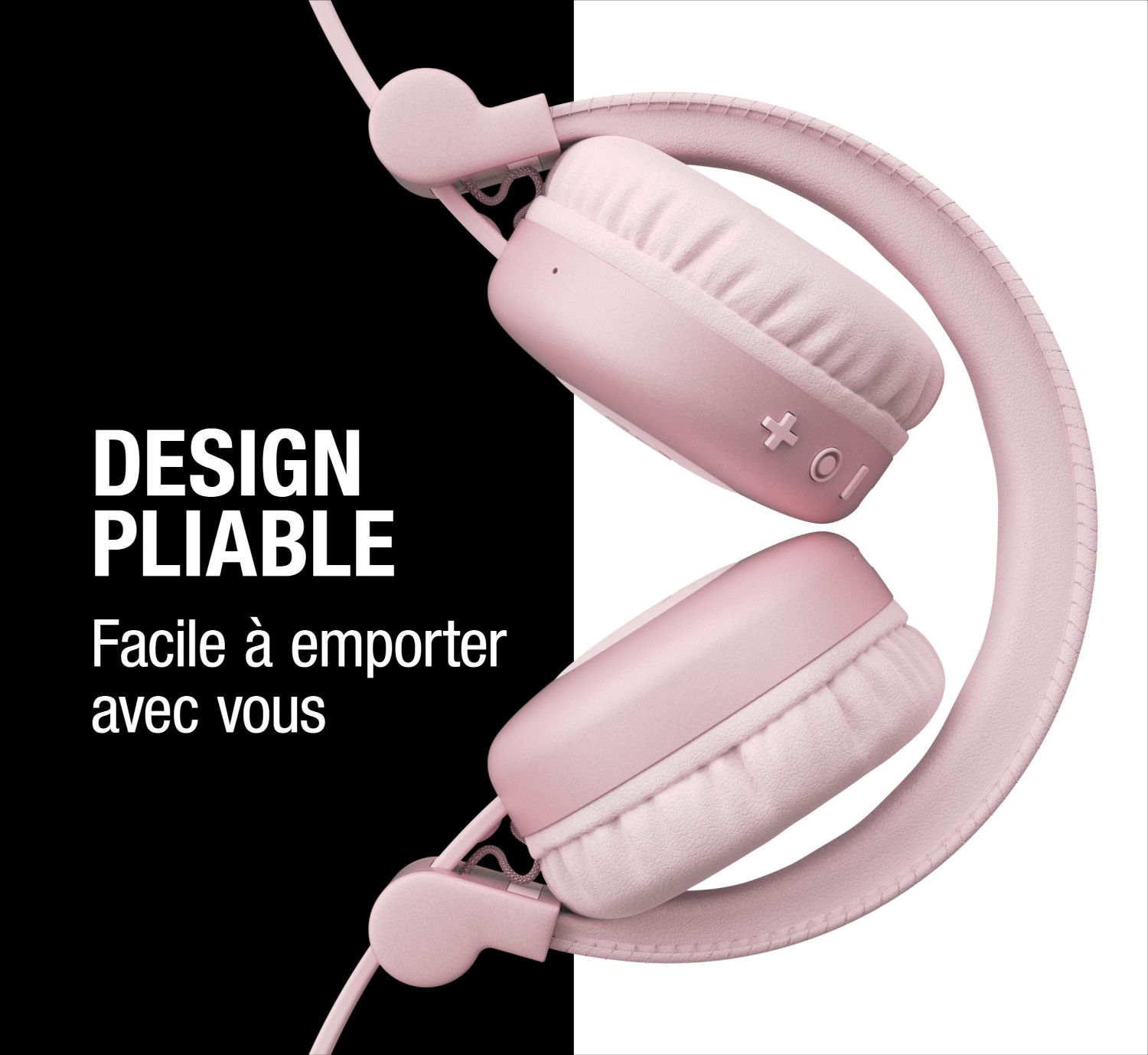 Casque pliable rose avec commandes sur fond noir et blanc.