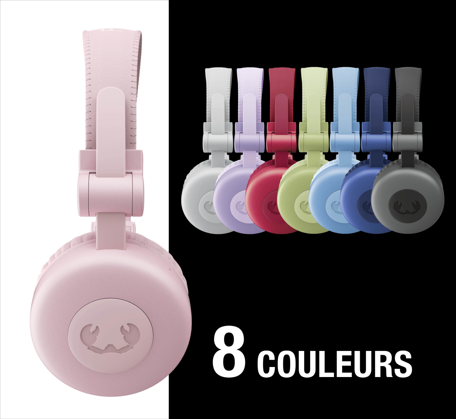 Un casque rose à gauche. Huit casques colorés alignés à droite.