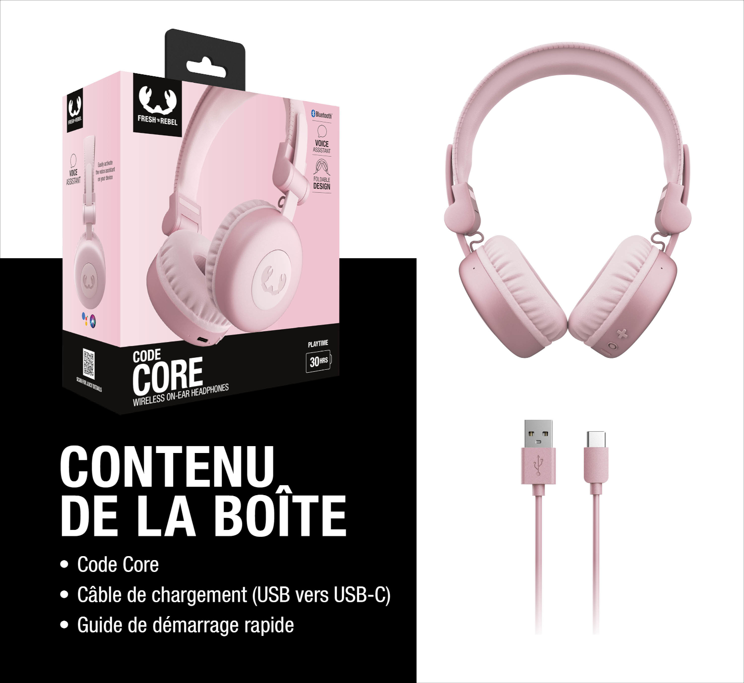 Casque rose sur emballage avec câble de chargement et connecteur USB-C.