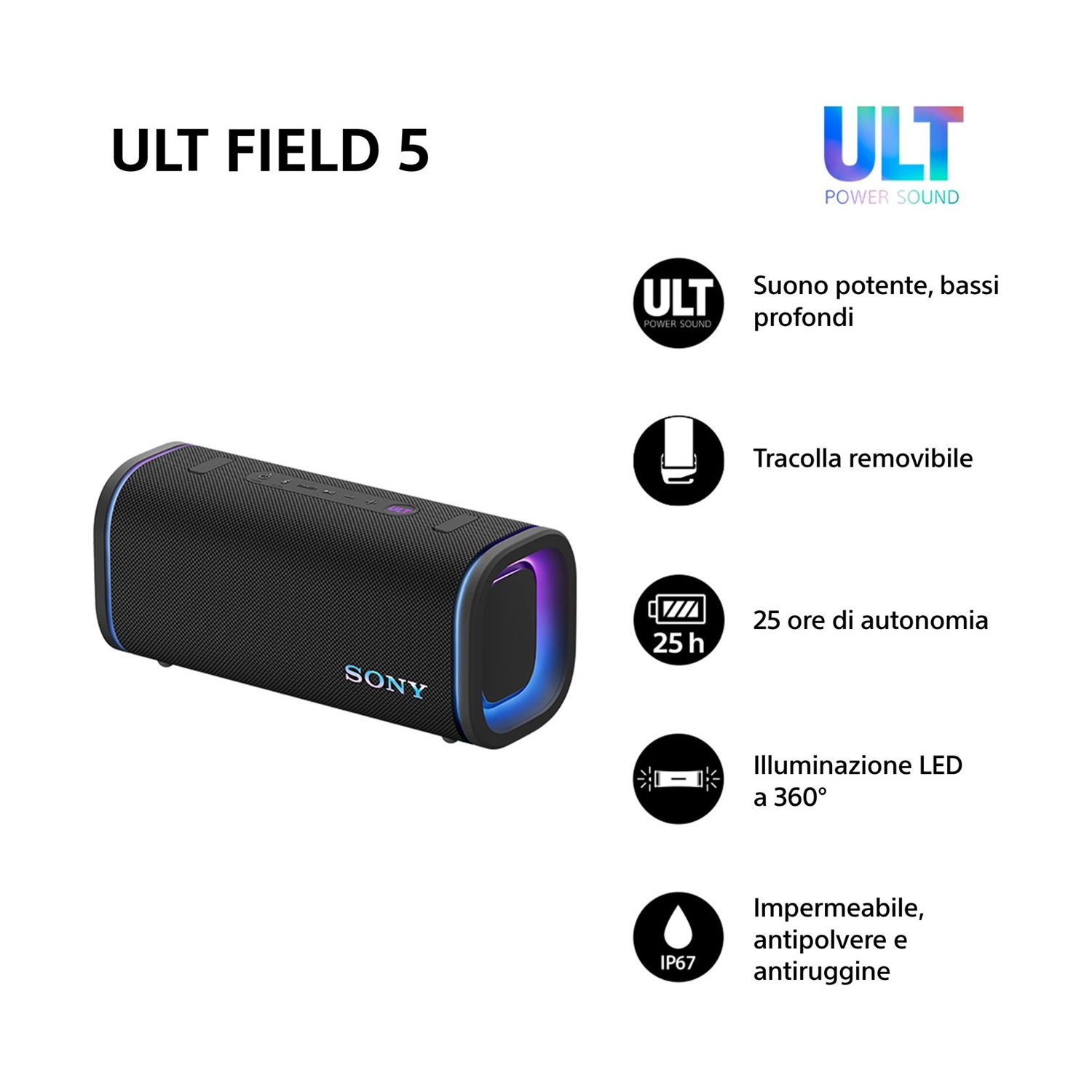 Altoparlante nero Sony ULT FIELD 5 con accenti LED blu e funzionalità.