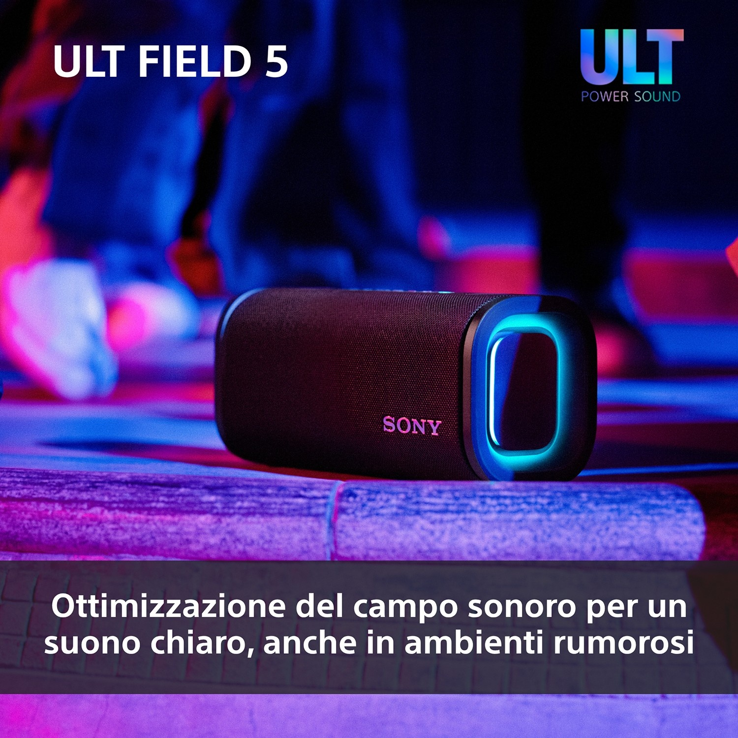 Altoparlante Sony nero con luce blu su sfondo illuminato viola e blu.