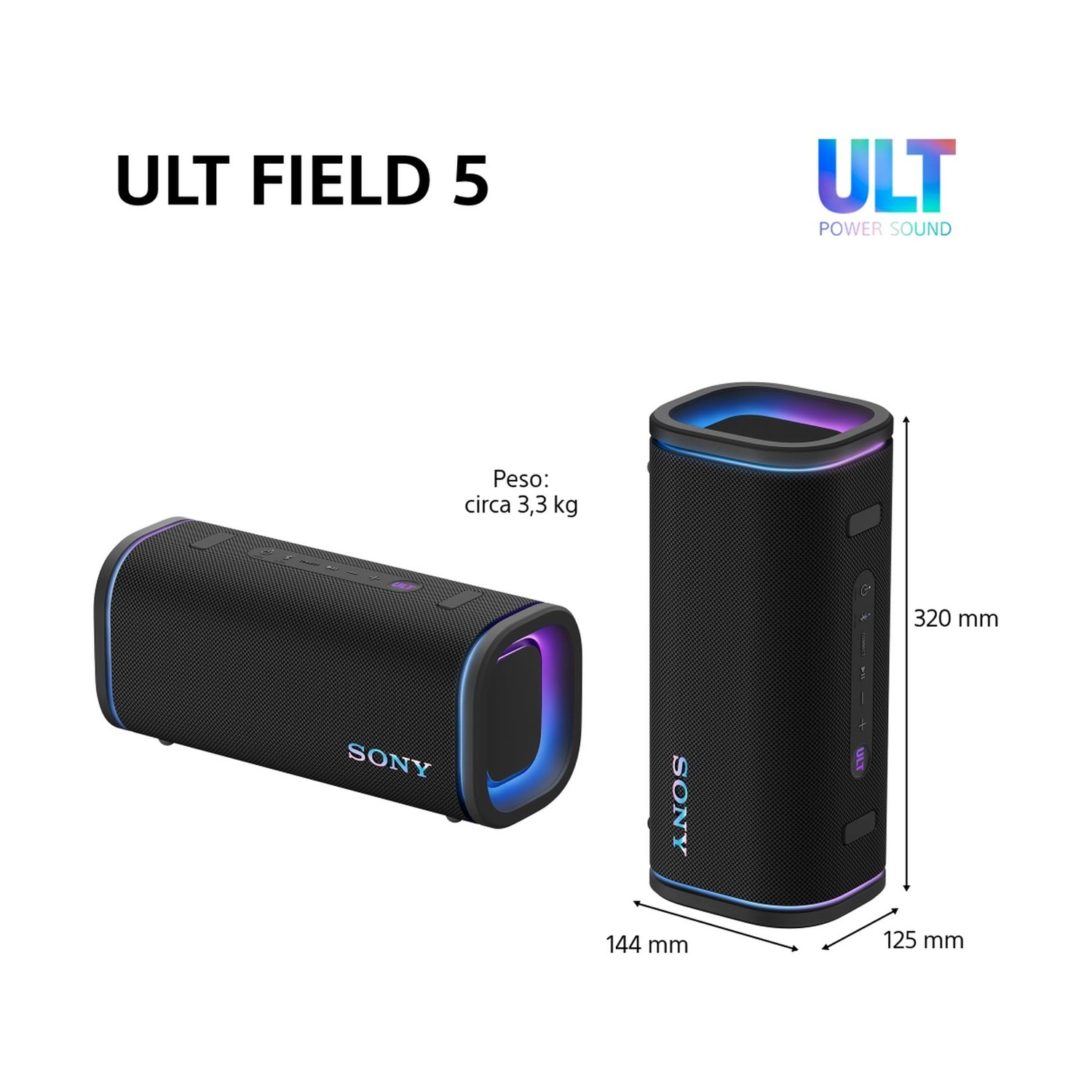 Due altoparlanti Sony ULT FIELD 5 neri con illuminazione LED, dimensioni indicate.