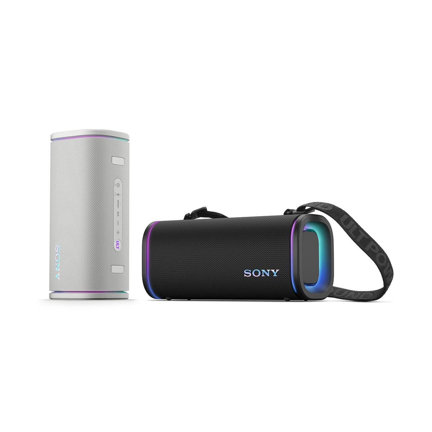 Due altoparlanti Sony: uno bianco verticale e uno nero orizzontale con effetti luminosi.