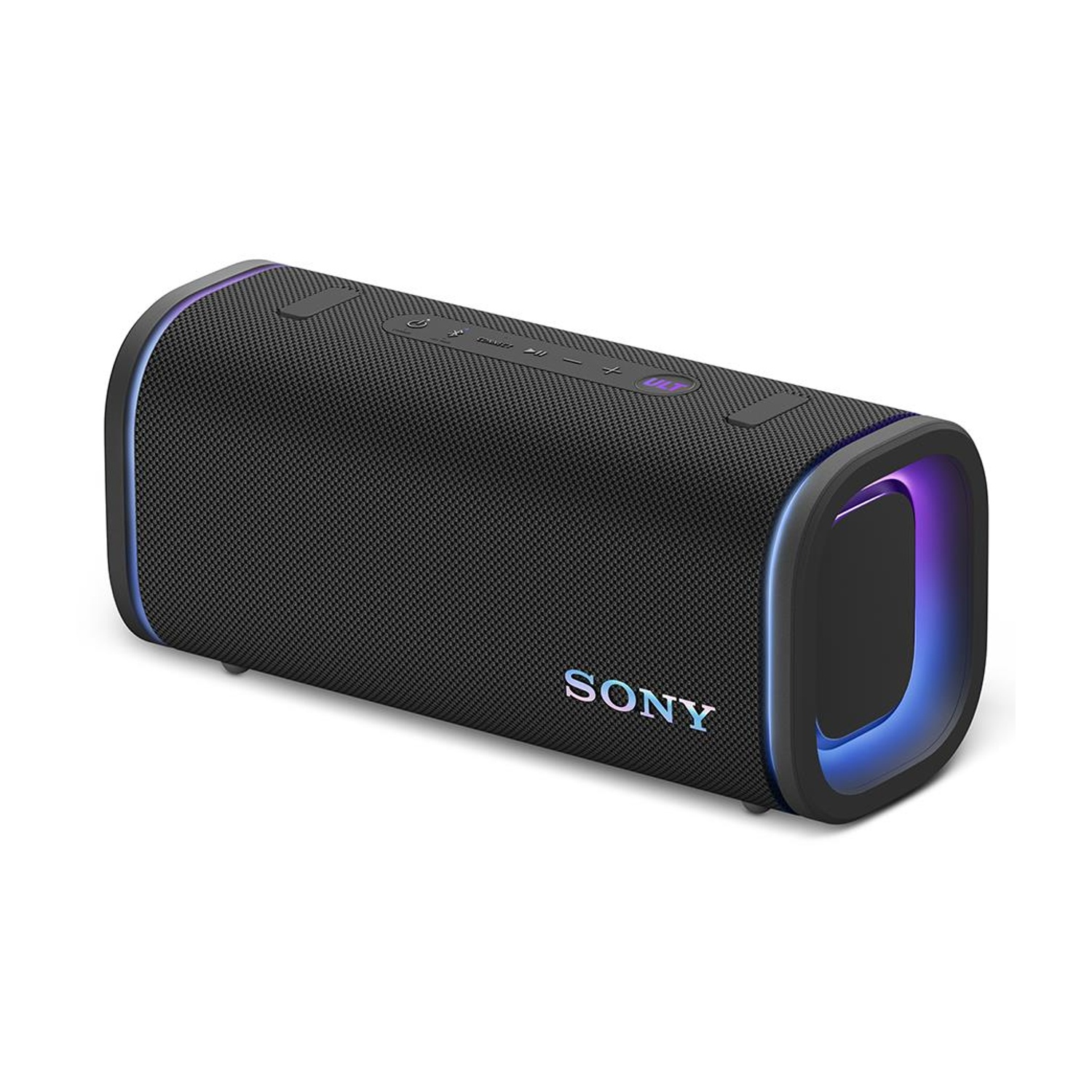 Altoparlante Sony nero con luci blu e viola, su sfondo bianco.