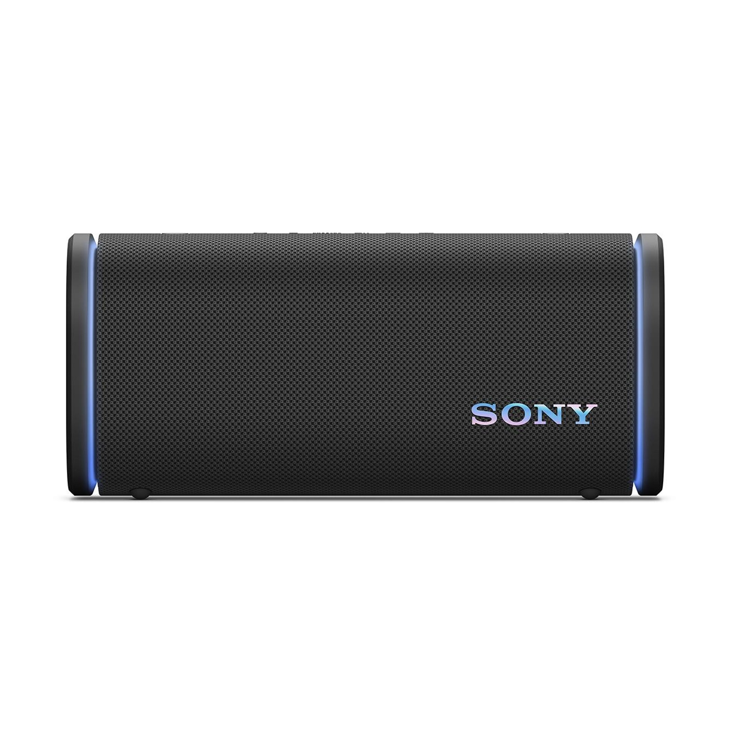 Altoparlante Sony nero con luci blu sui lati.