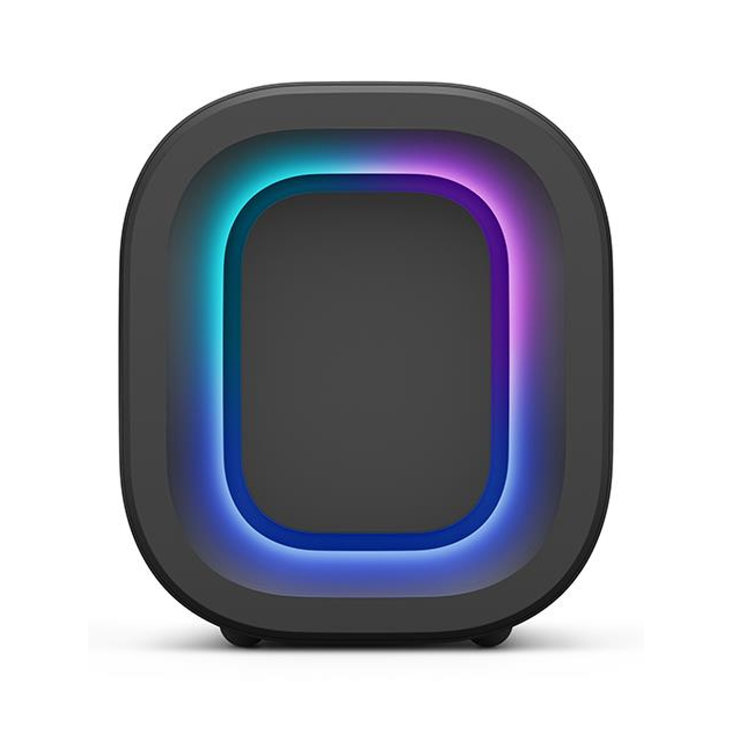 Un altoparlante rettangolare scuro con angoli arrotondati, con illuminazione LED blu e viola.