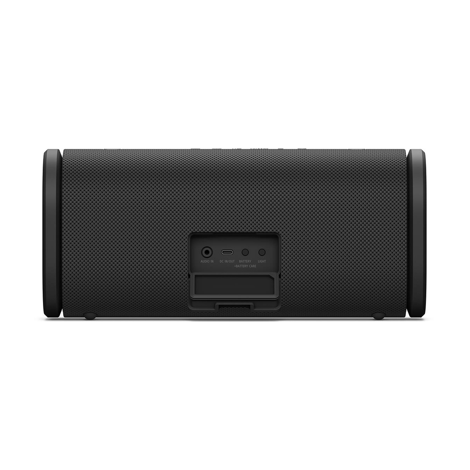 Altoparlante portatile nero con porte Audio In, DC In/Out, Batteria e Luce.