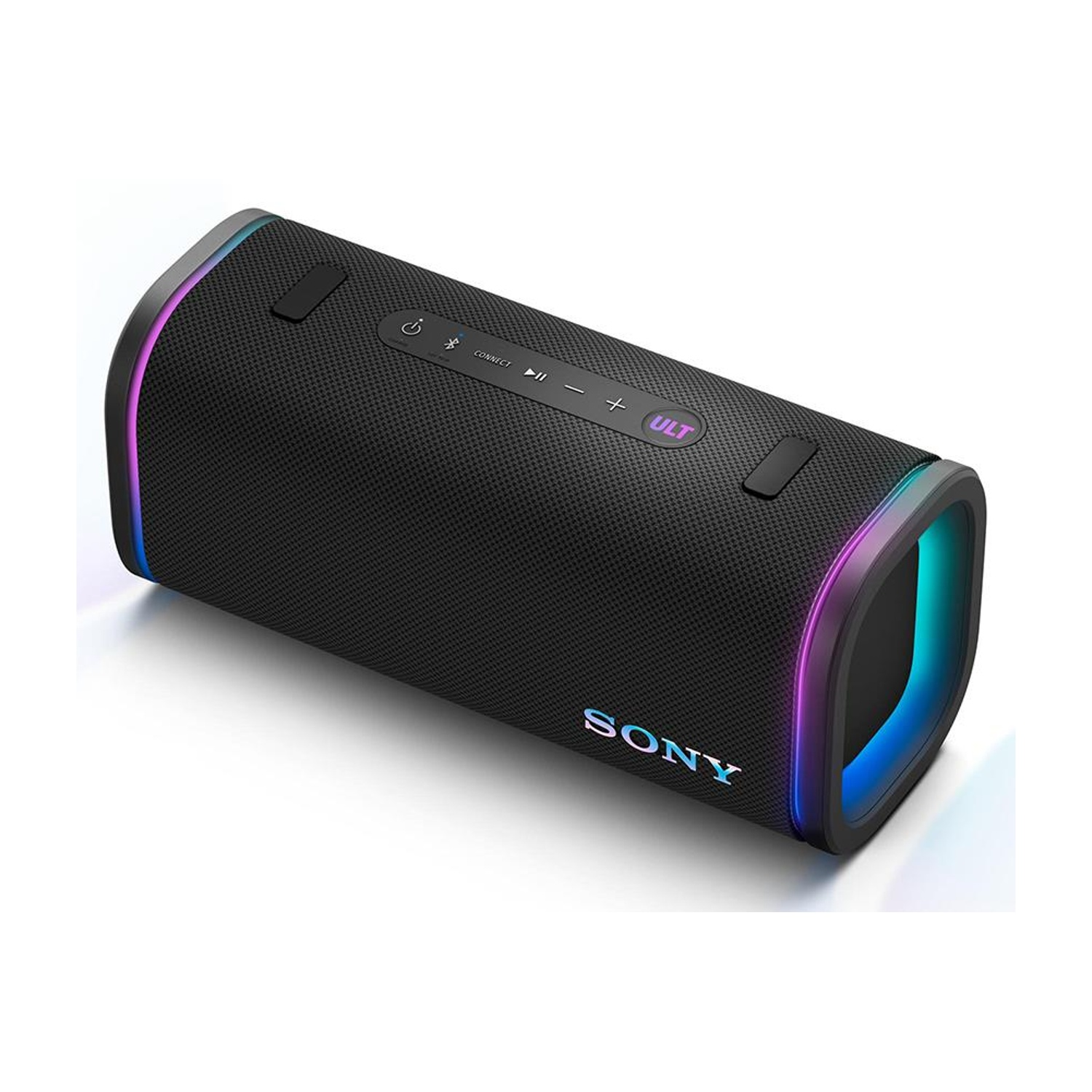 Altoparlante Sony nero con luci sui lati e controlli superiori.