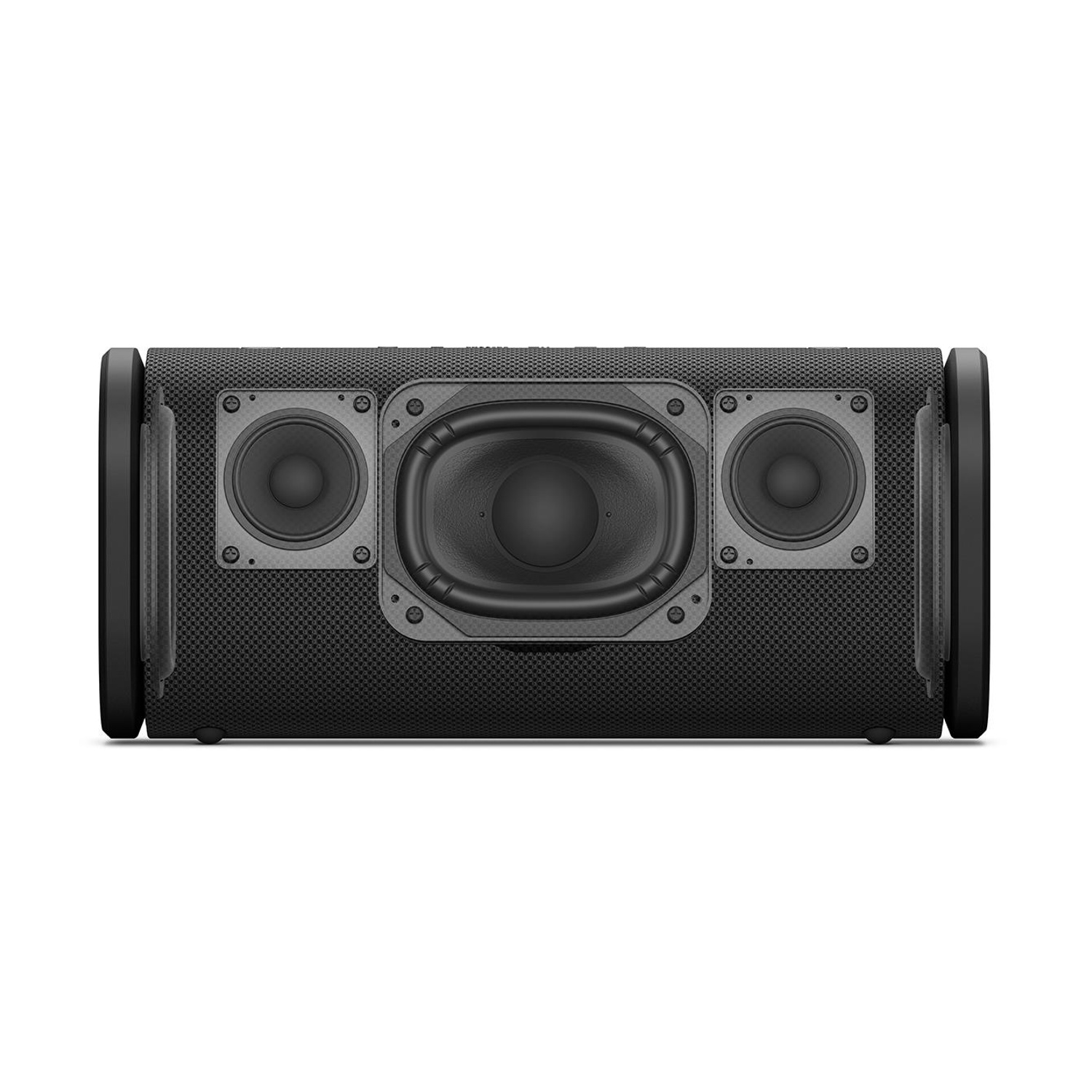 Altoparlante nero con woofer centrale e due tweeter, isolato su bianco.
