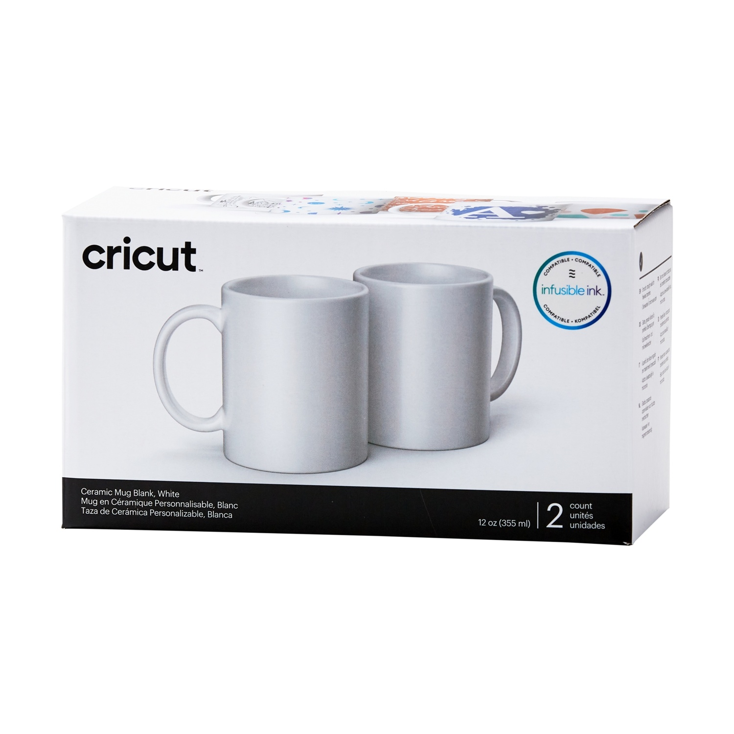 Scatola Cricut che mostra due tazze in ceramica bianca, 12 oz, compatibili con Infusible Ink.