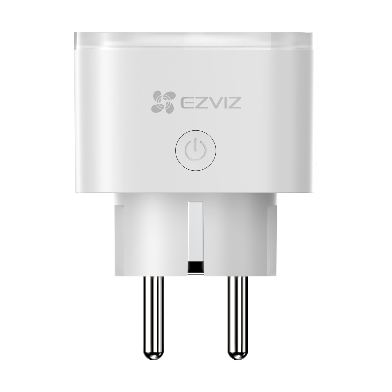 Una presa smart EZVIZ bianca con icona di accensione e due pin metallici.