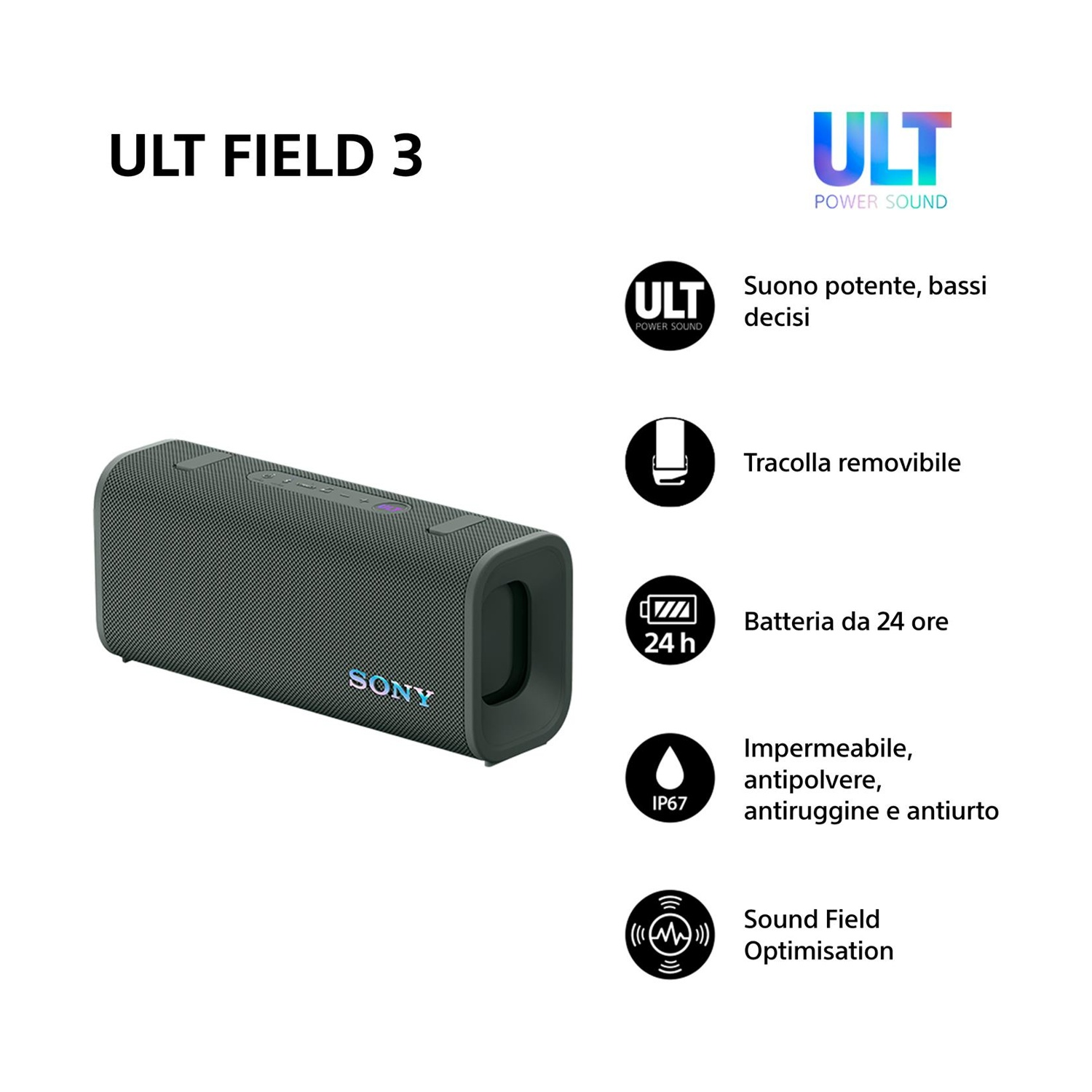 Altoparlante Sony ULT FIELD 3 grigio con logo Sony, con batteria da 24 ore.