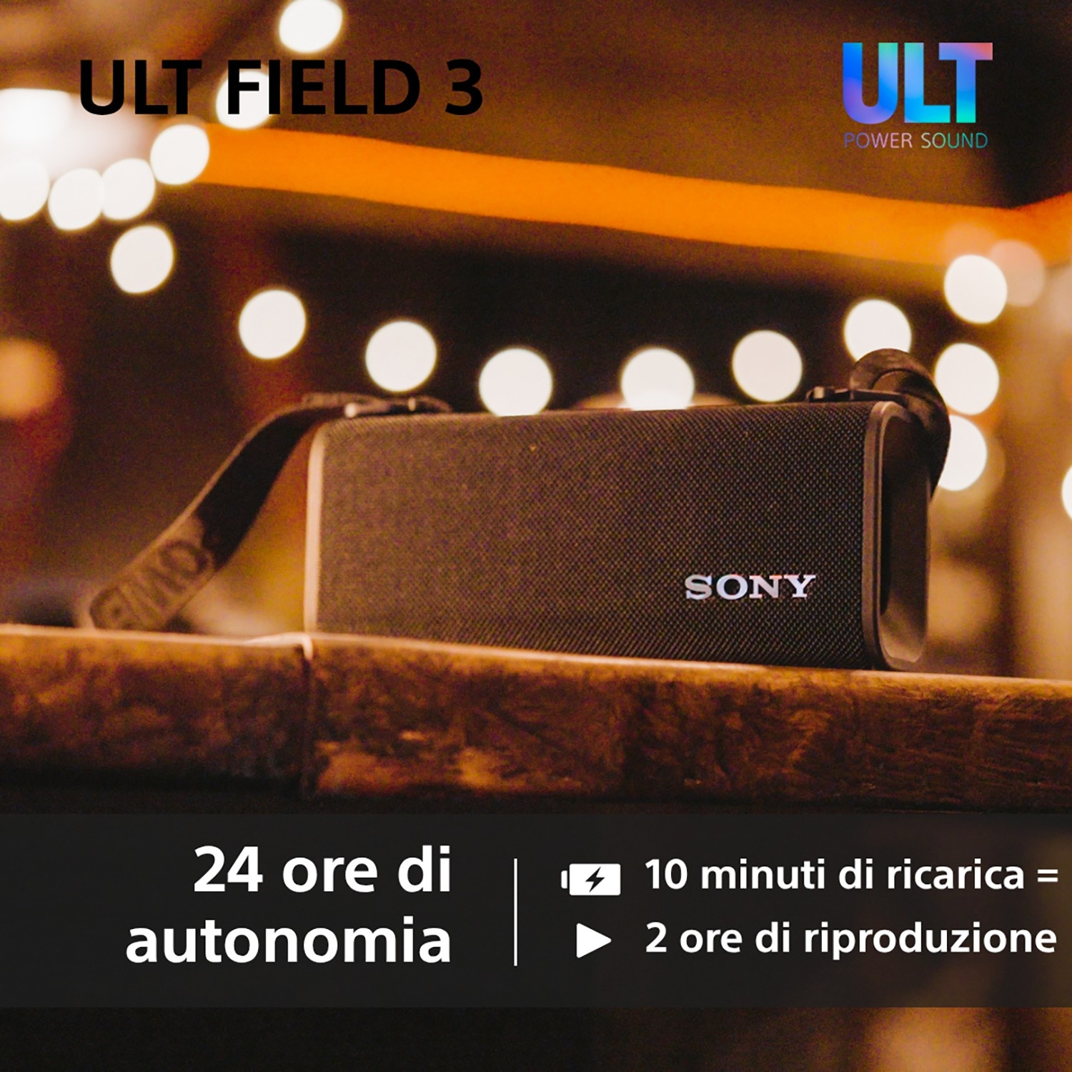 Altoparlante Bluetooth Sony nero su tavolo in legno, luci bokeh. Batteria 24 ore.
