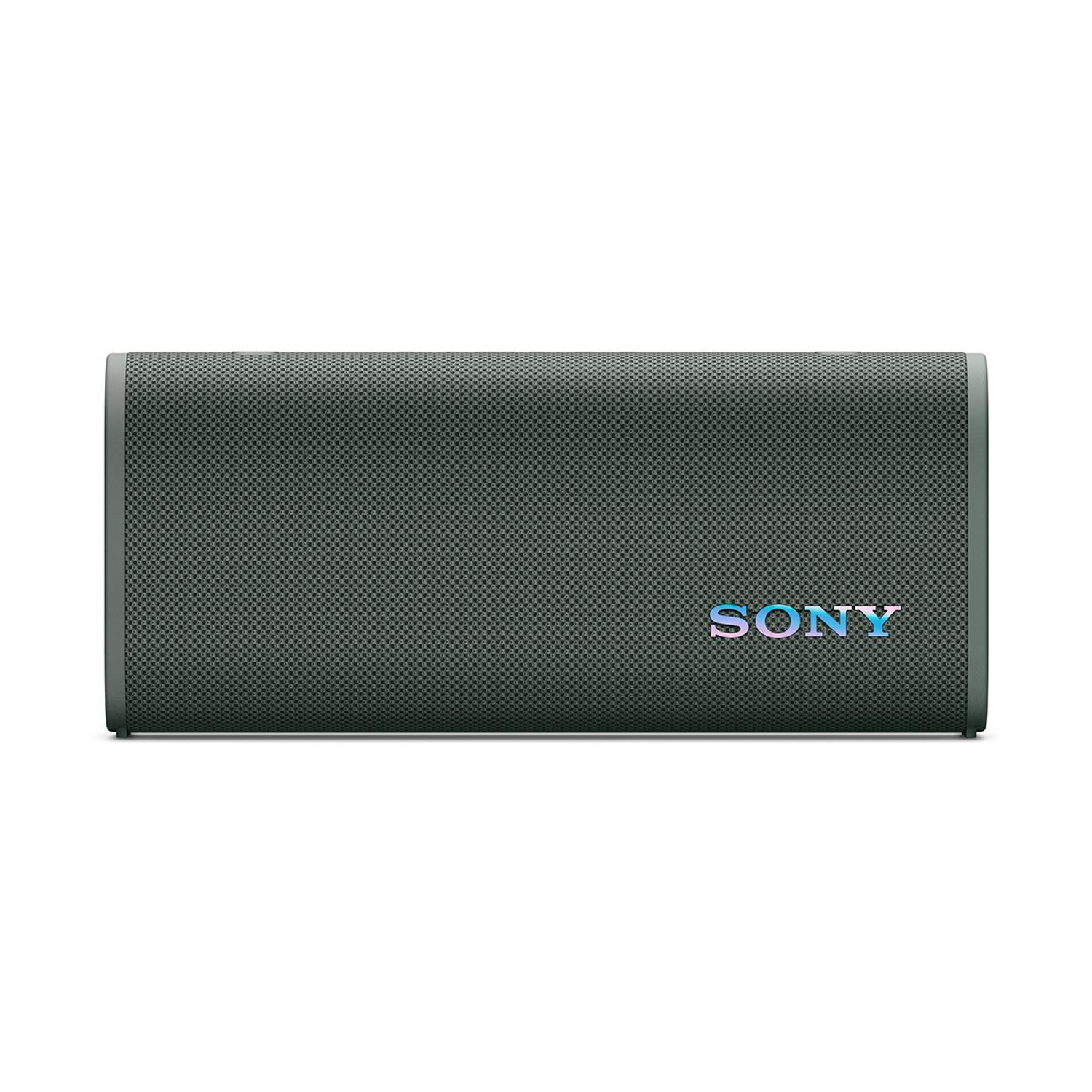 Altoparlante Sony grigio con logo illuminato su sfondo bianco.