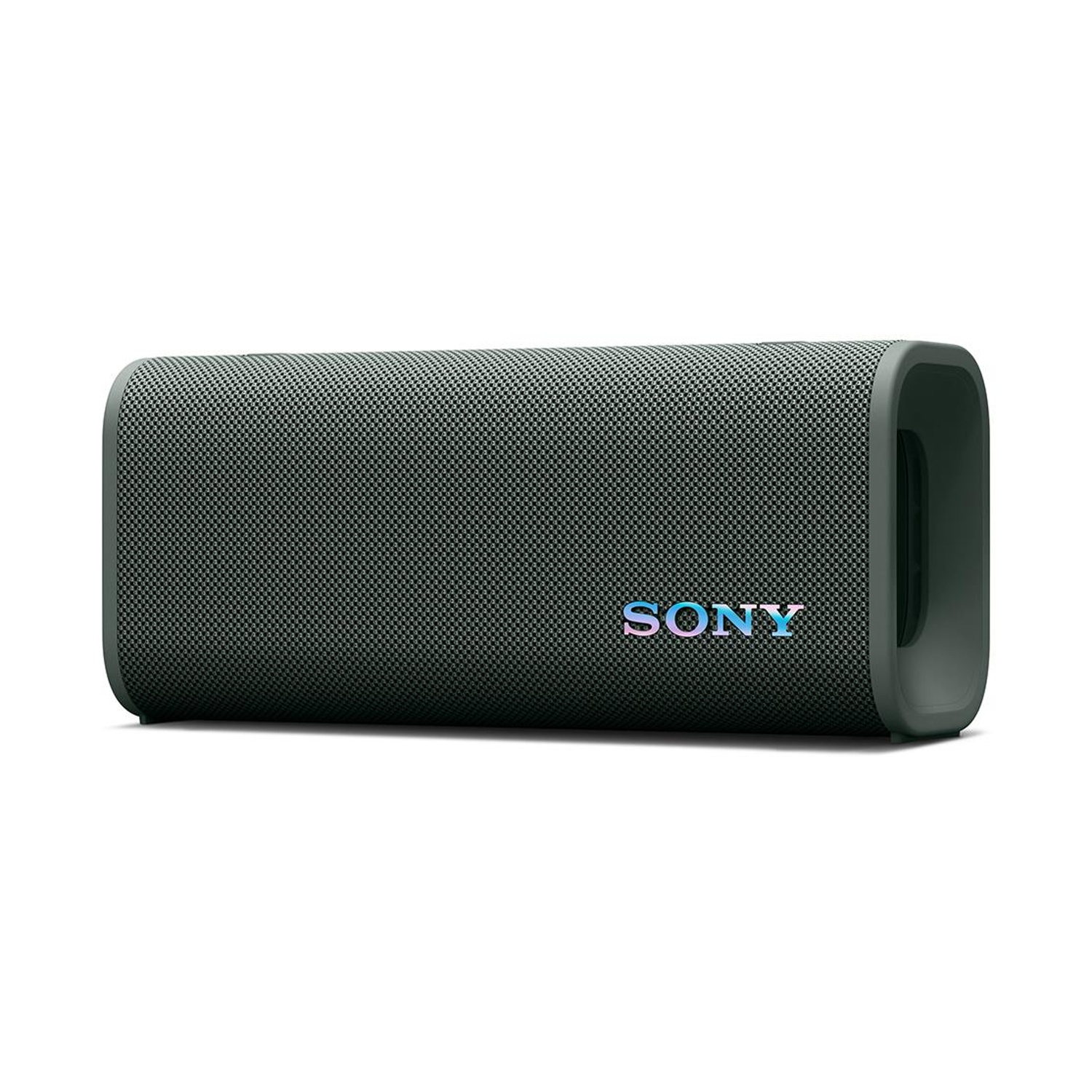 Altoparlante Bluetooth Sony grigio scuro con griglia in tessuto e logo colorato.