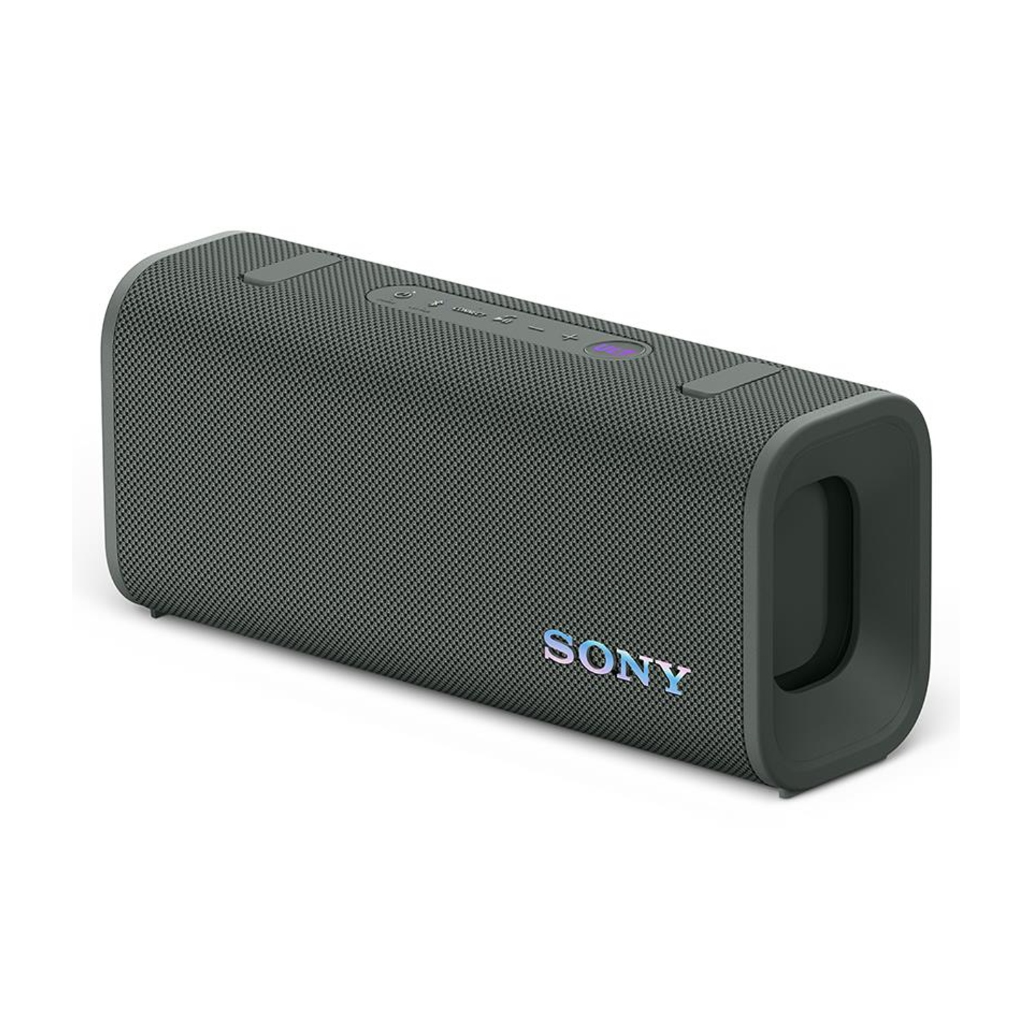 Altoparlante Bluetooth Sony grigio scuro con maniglia e pulsanti.