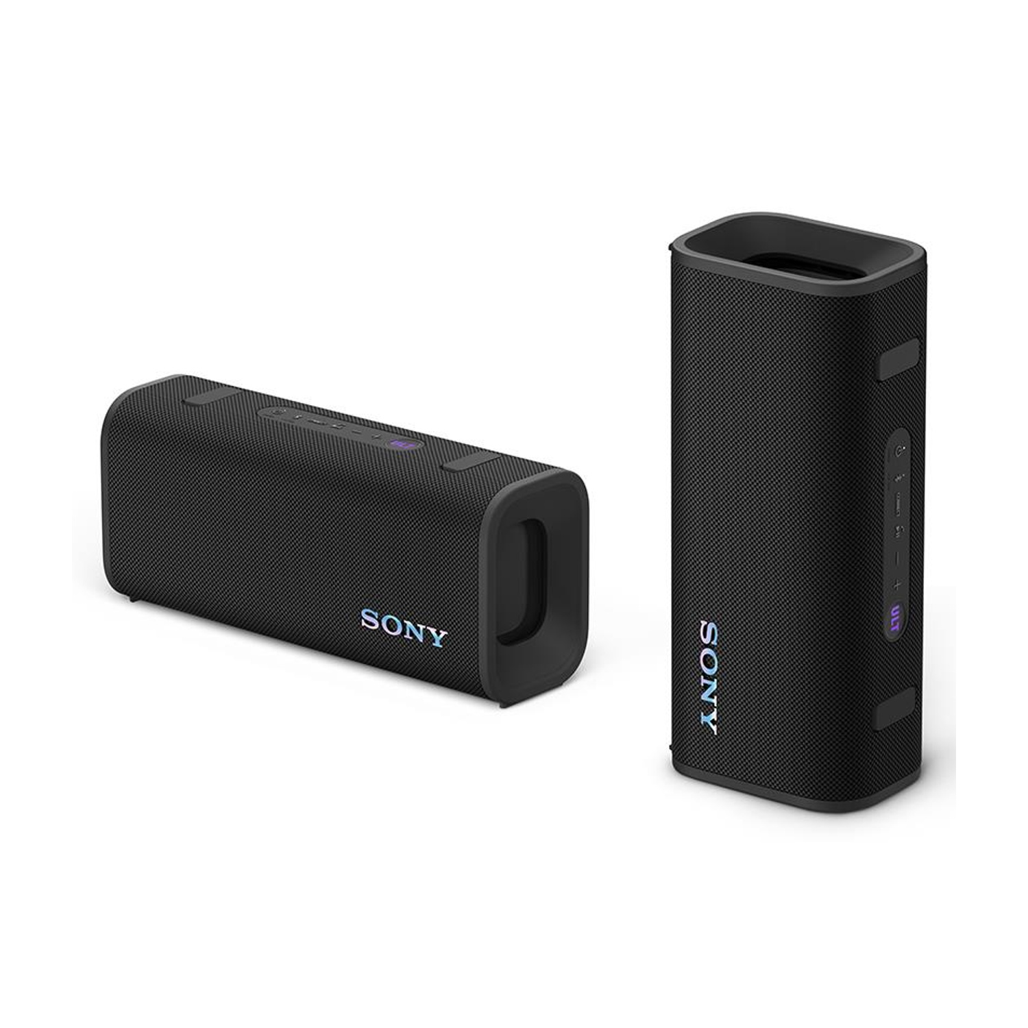 Due altoparlanti Bluetooth Sony neri su sfondo bianco.