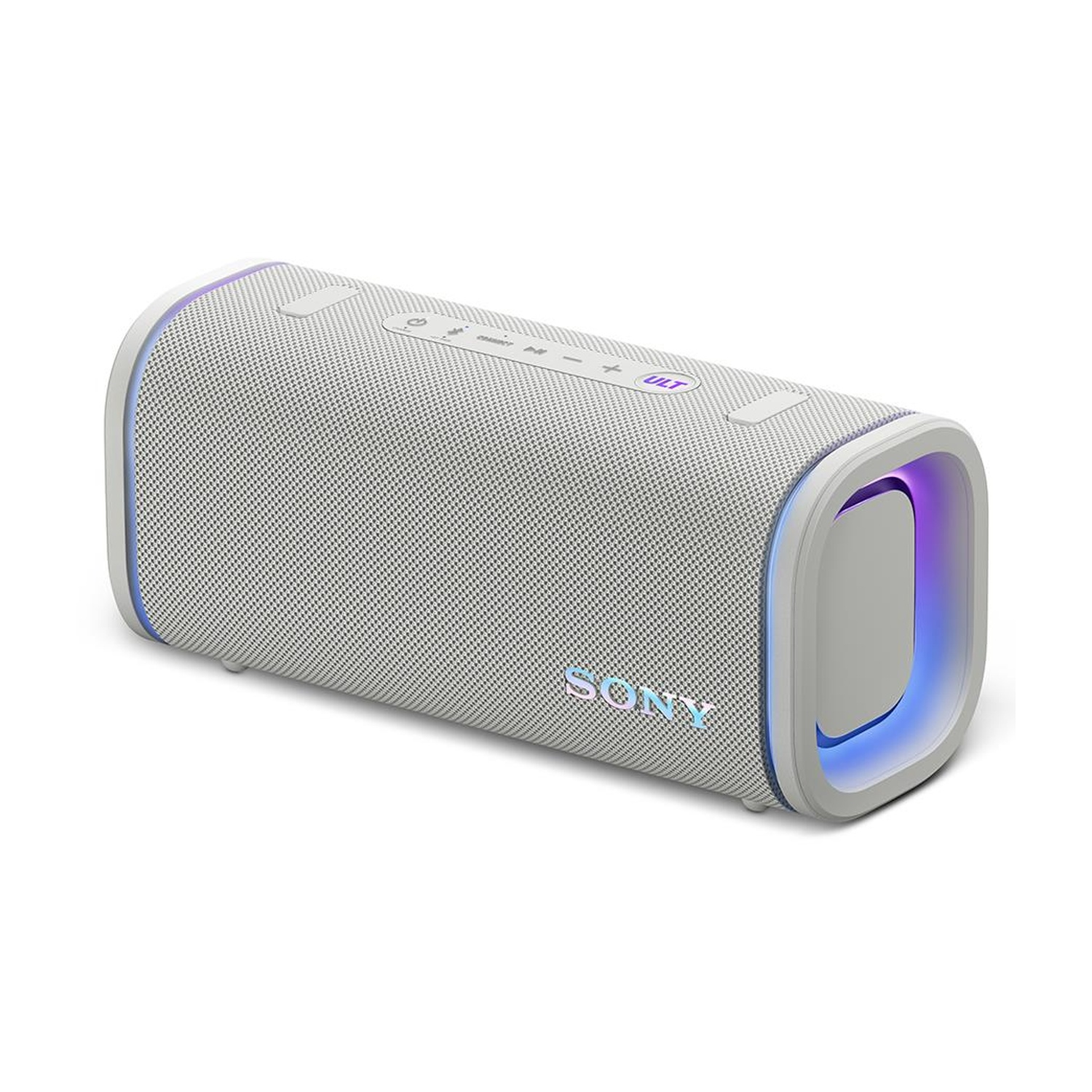 Un altoparlante Bluetooth Sony bianco con luce blu e griglia in tessuto.