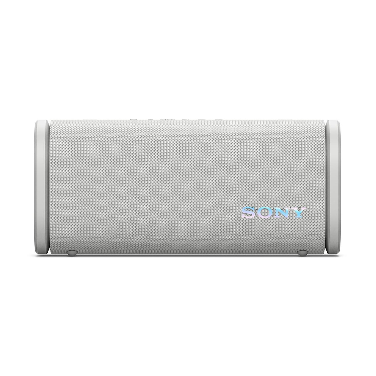 Un altoparlante Sony bianco con griglia testurizzata e logo colorato su sfondo bianco.
