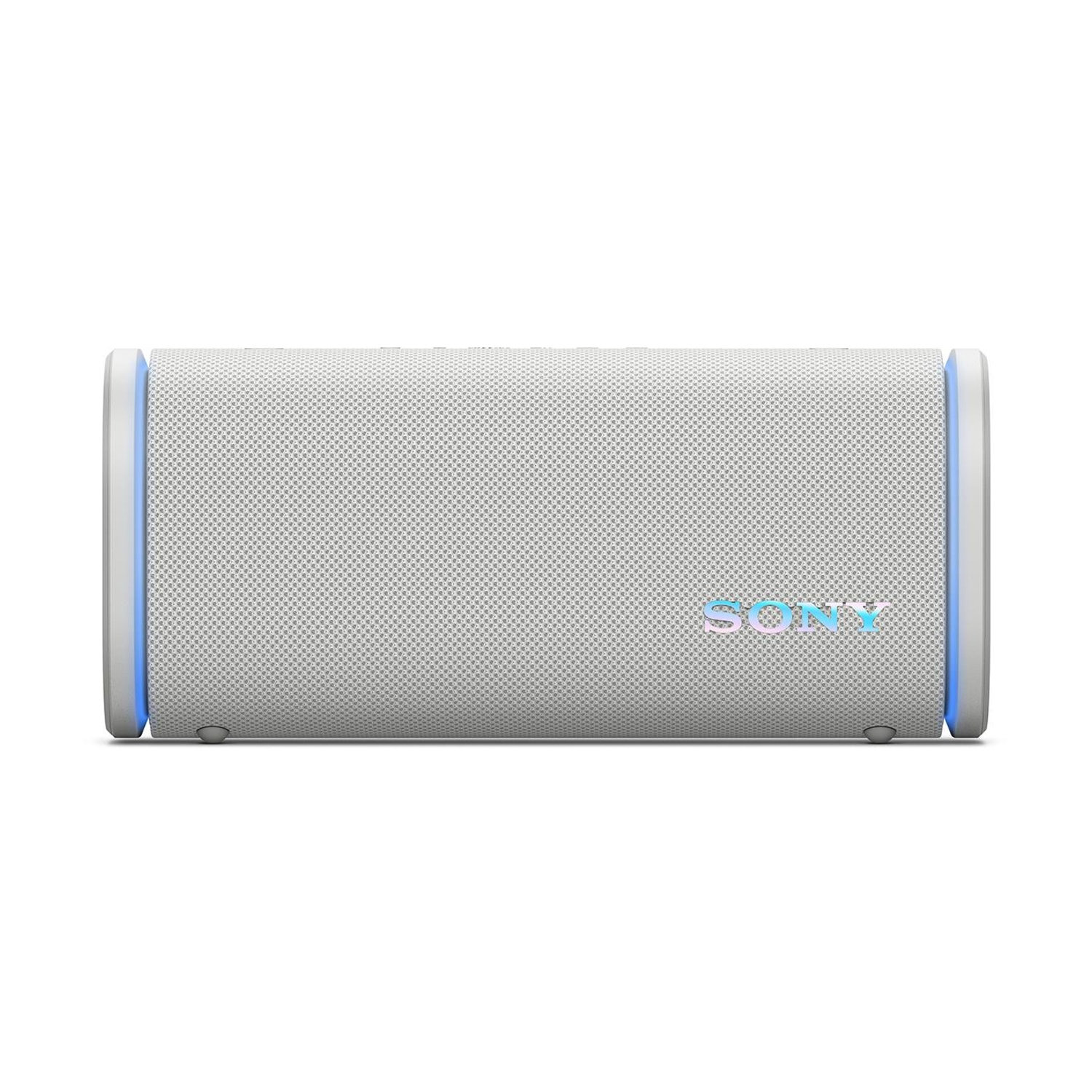 Altoparlante Sony grigio con accenti luminosi blu e logo.