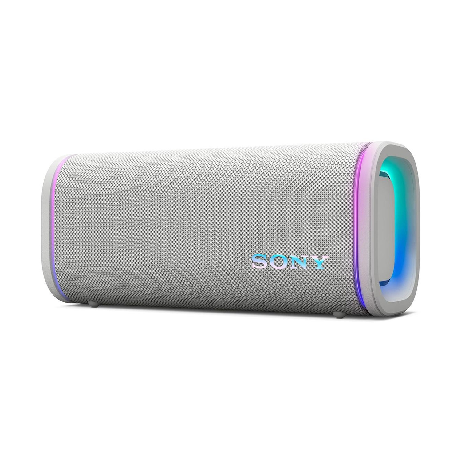 Altoparlante Sony bianco con illuminazione colorata alle estremità.