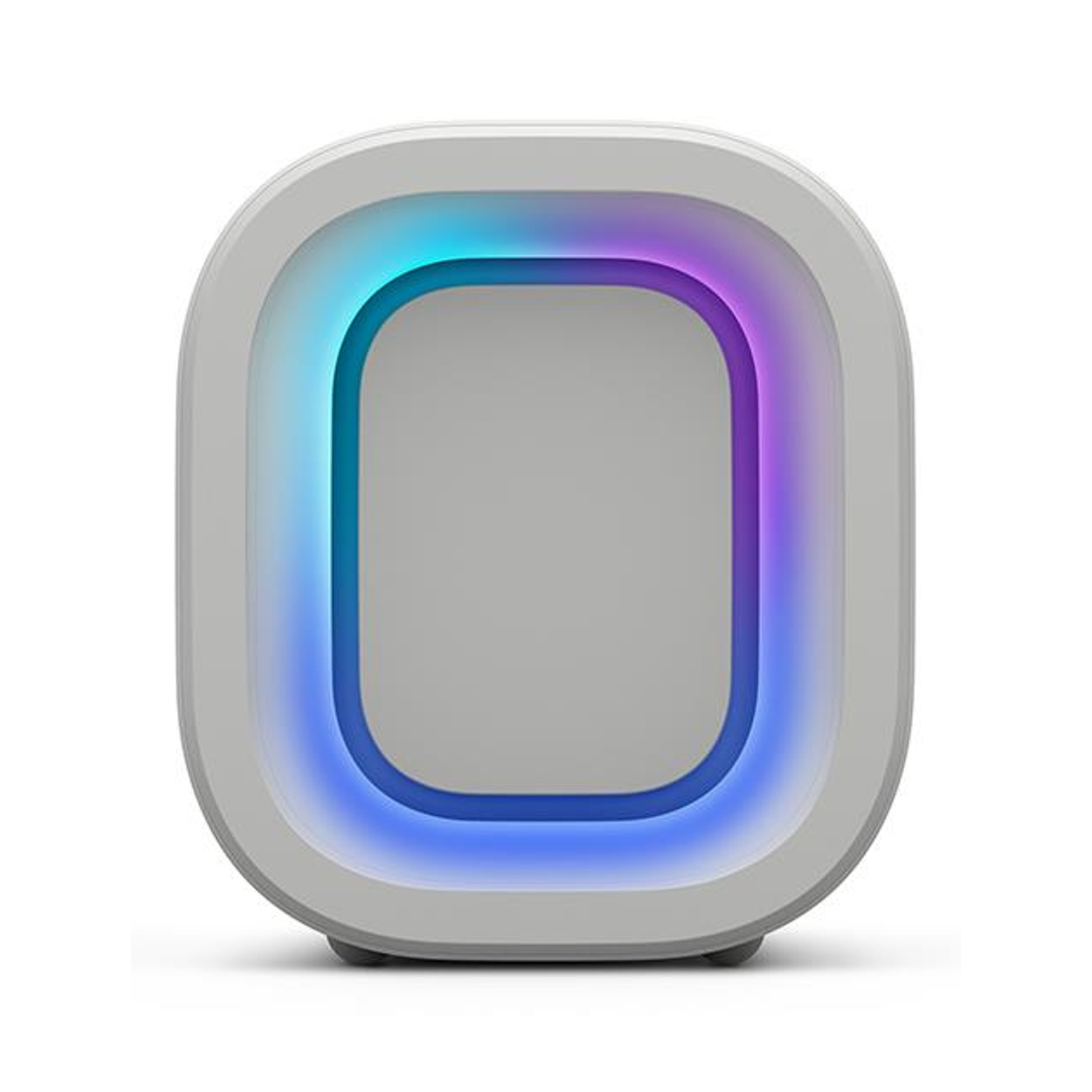 Un dispositivo grigio con un'area rettangolare illuminata da luce blu e viola.