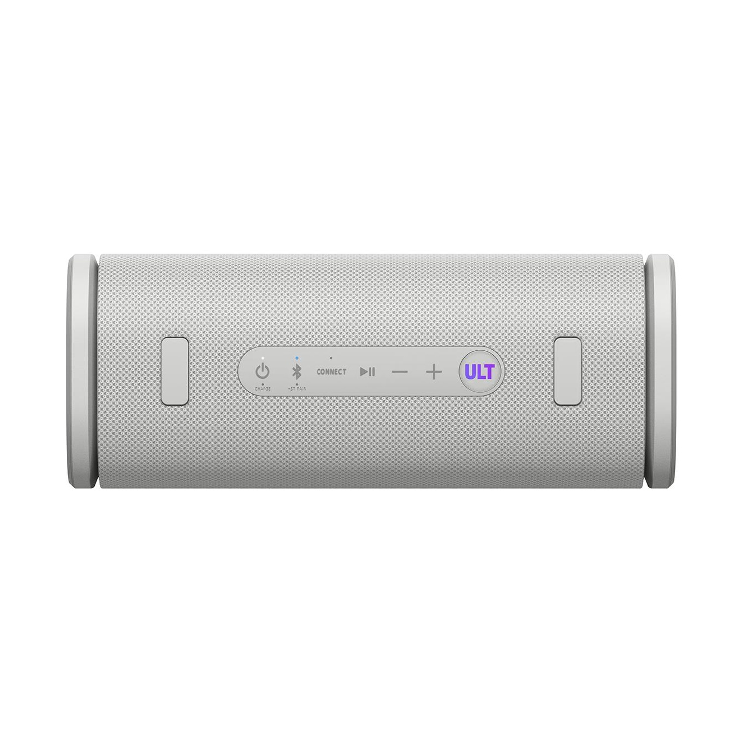 Un altoparlante grigio con controlli: accensione, Bluetooth, play, volume e ULT.