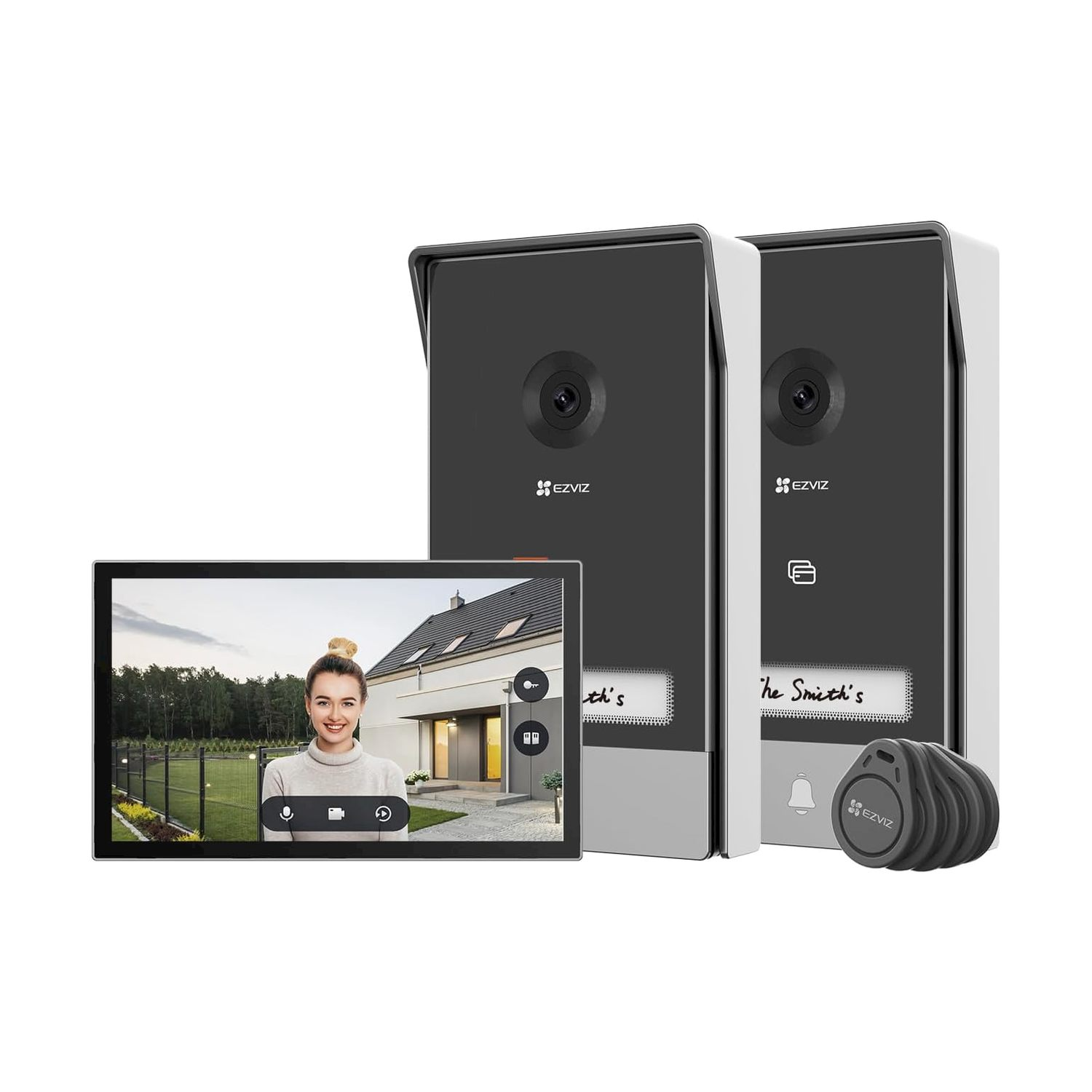 Set videocitofono con monitor, due campanelli e portachiavi.