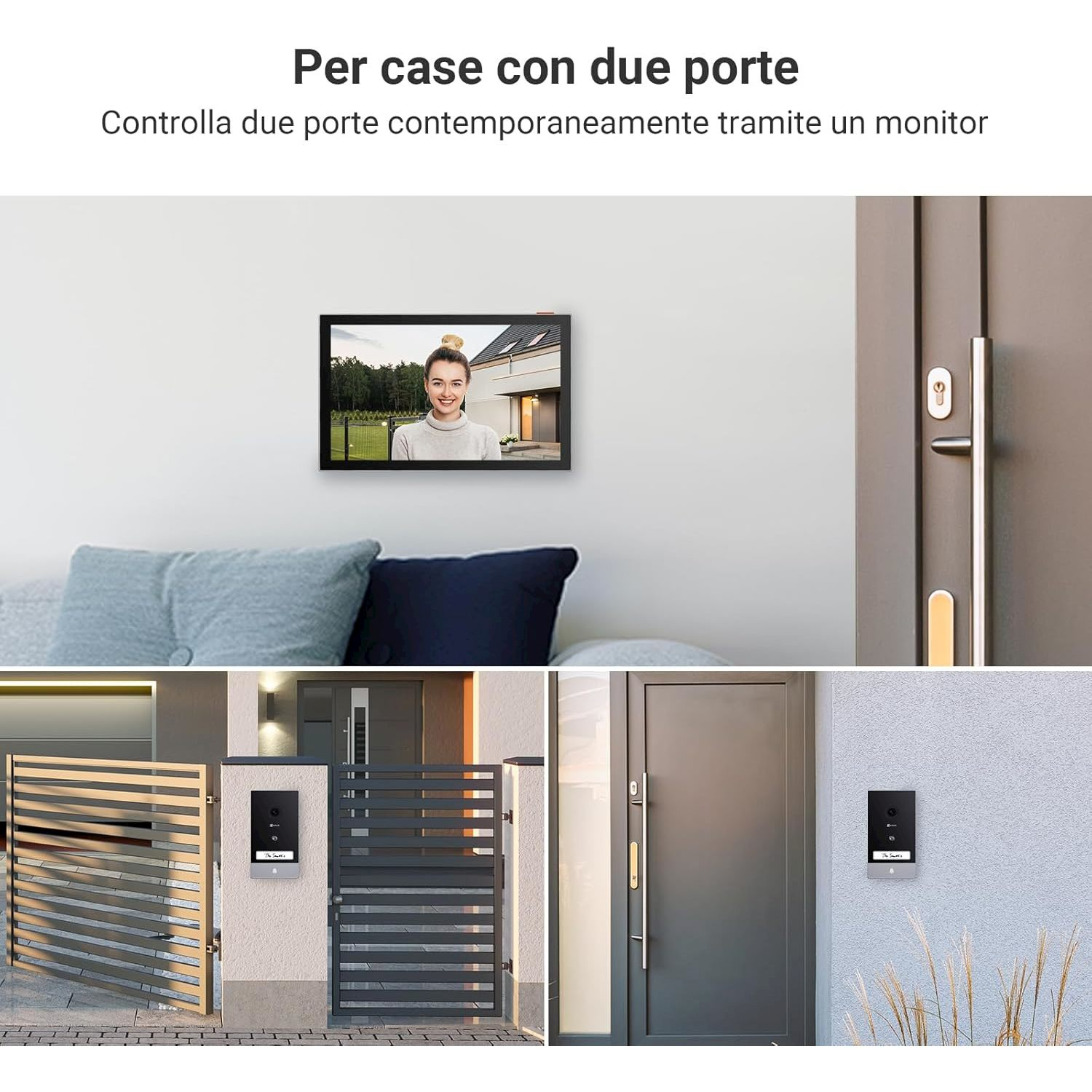 Monitor mostra donna; porte esterne con campanello e cancello.