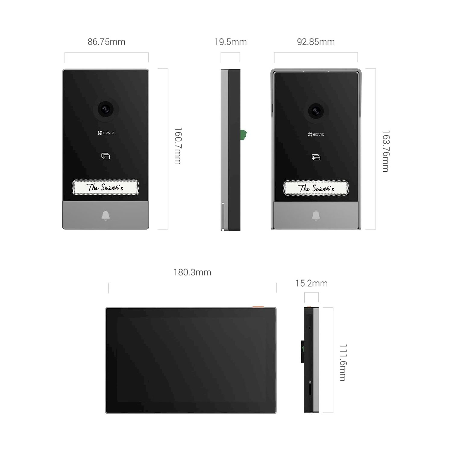 Dimensioni di un videocitofono nero con 'The Smith's' e un display nero.