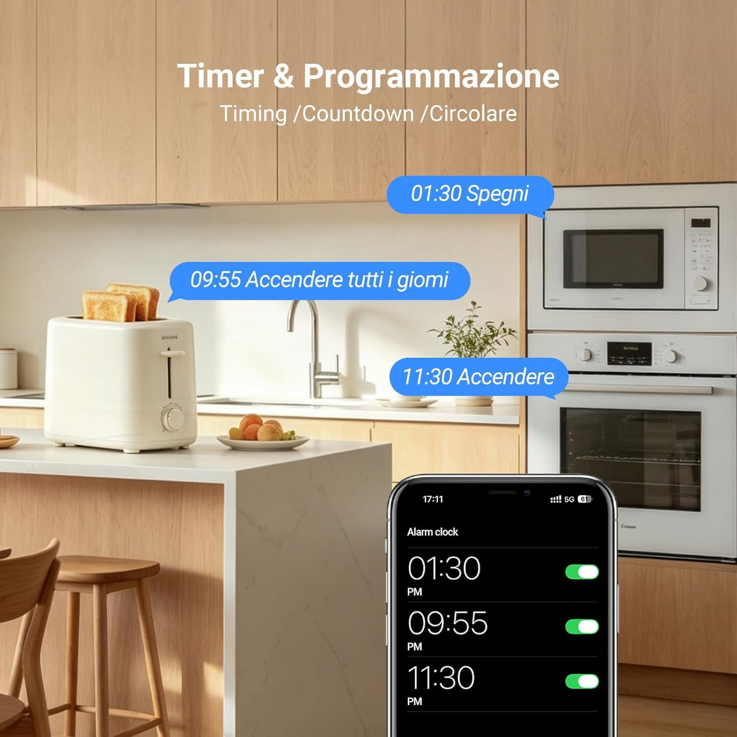 Uno smartphone mostra orari sveglia su un bancone cucina con tostapane e forni.