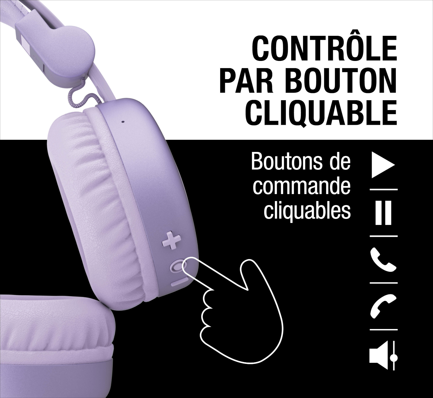 Casque violet avec commandes et icônes pour lecture, pause, appel et volume.
